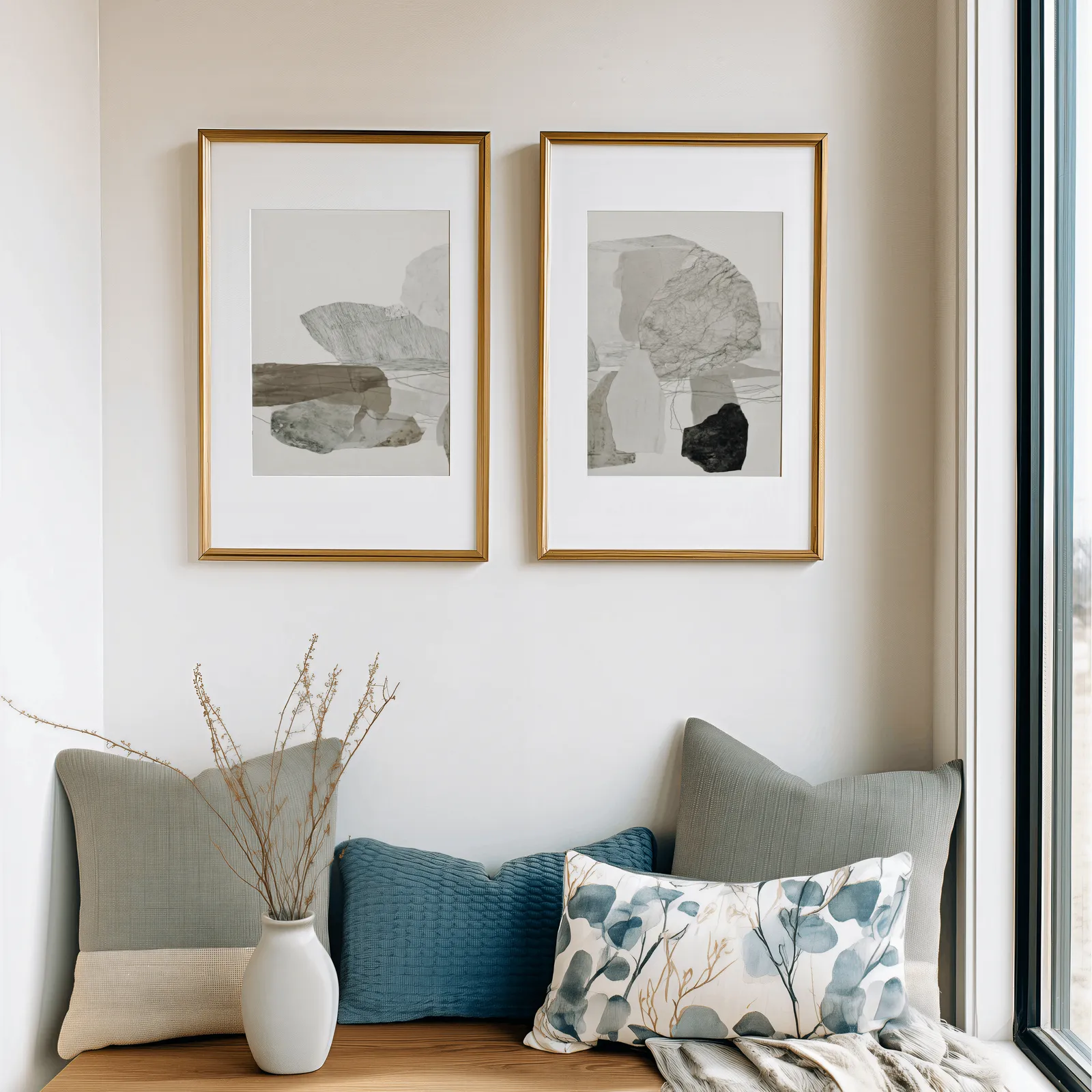 neutral abstract stone wall art set of two, above a cushioned window seat with sage and blue pillows