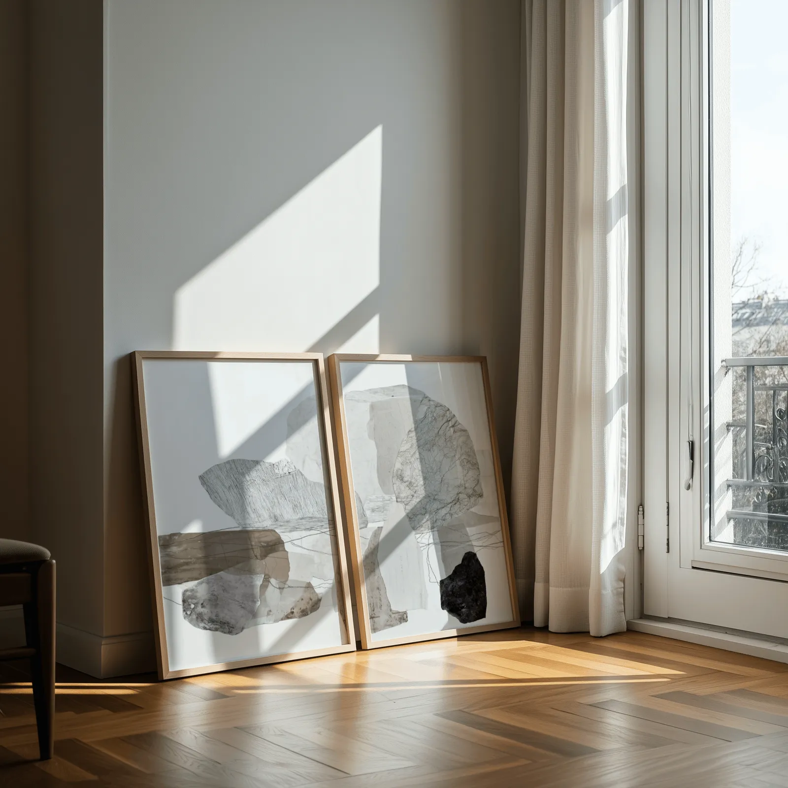 neutral abstract stone wall art set of two, leaning against a sunlit wall by a curtained balcony door