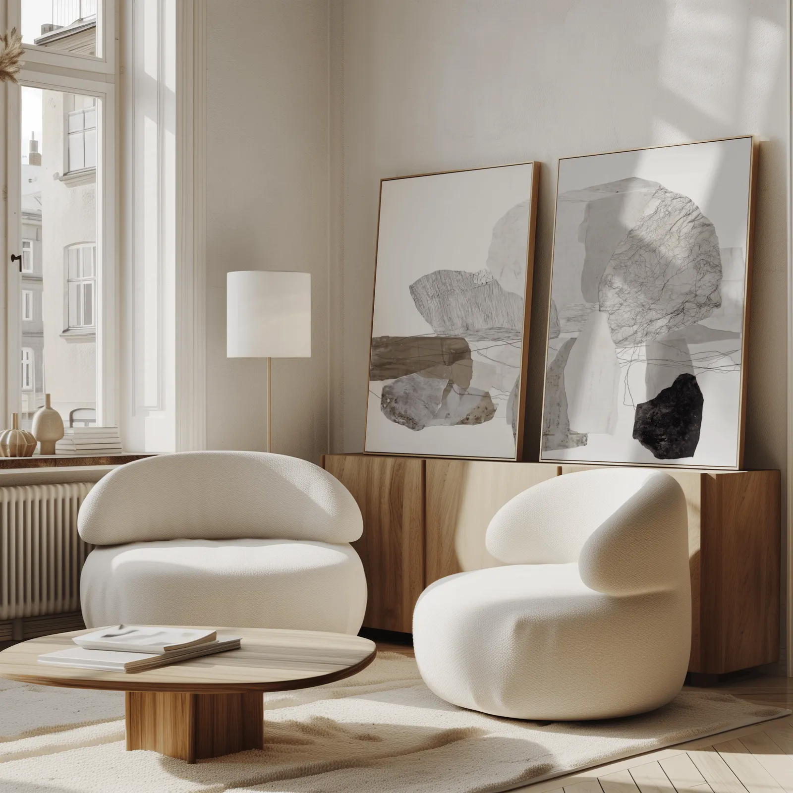 neutral abstract stone wall art set of two, propped against a wooden sideboard beside boucle armchairs