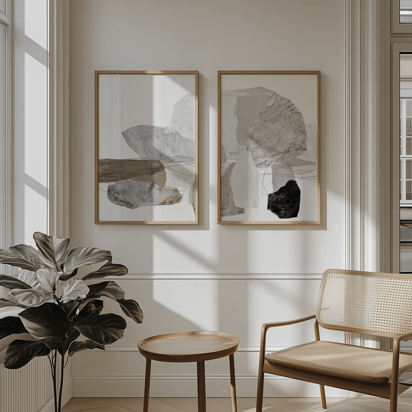 neutral abstract stone wall art set of two, above wainscoting beside a cane armchair and fiddle-leaf fig