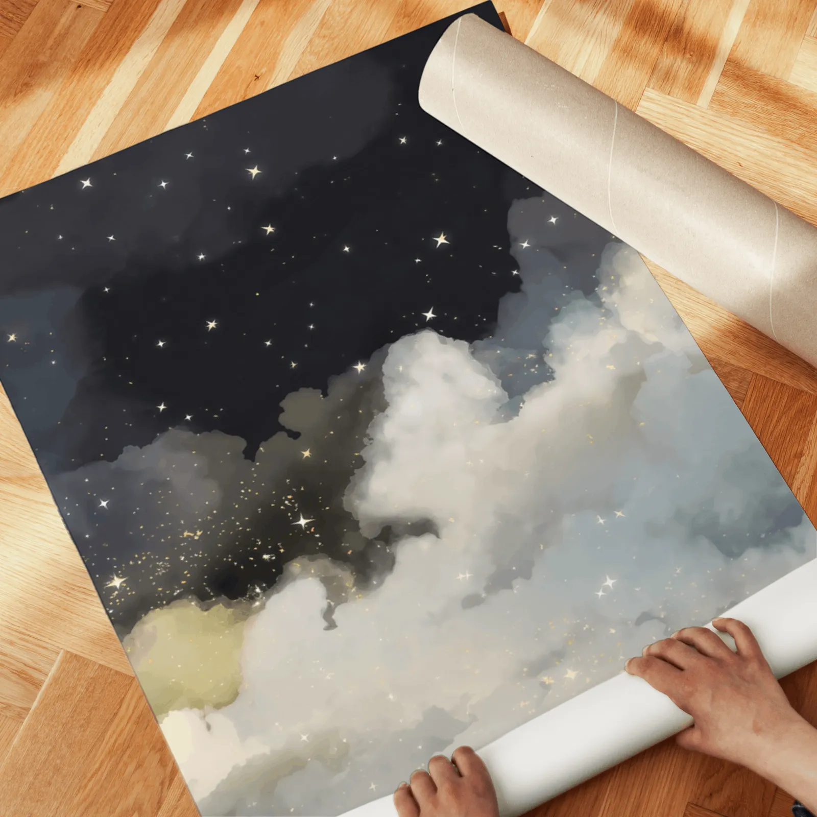 night sky clouds wall art set of 2, unrolled across a herringbone parquet floor by hand