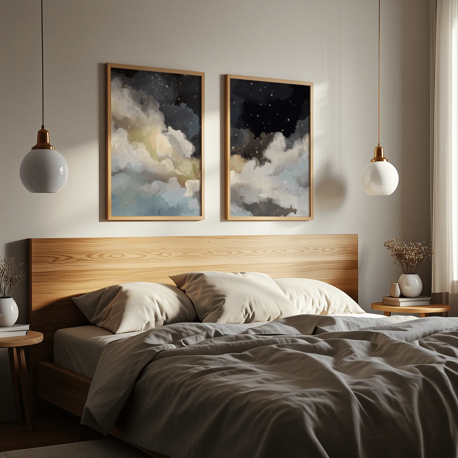 night sky clouds wall art set of 2, above a wooden headboard flanked by globe pendant lights