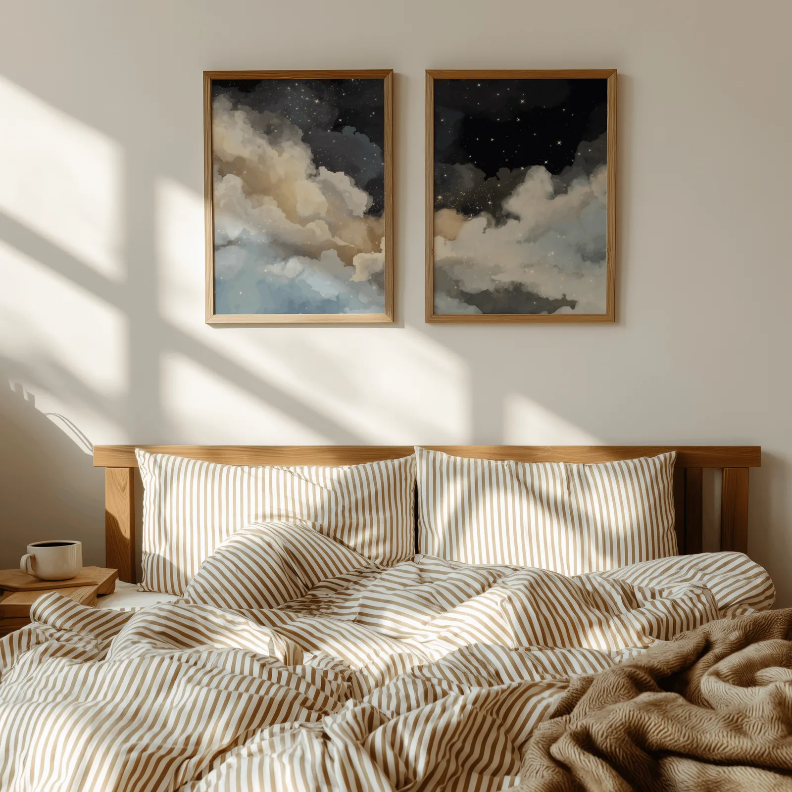 night sky clouds wall art set of 2, above a wooden headboard with striped bedding and raking sunlight