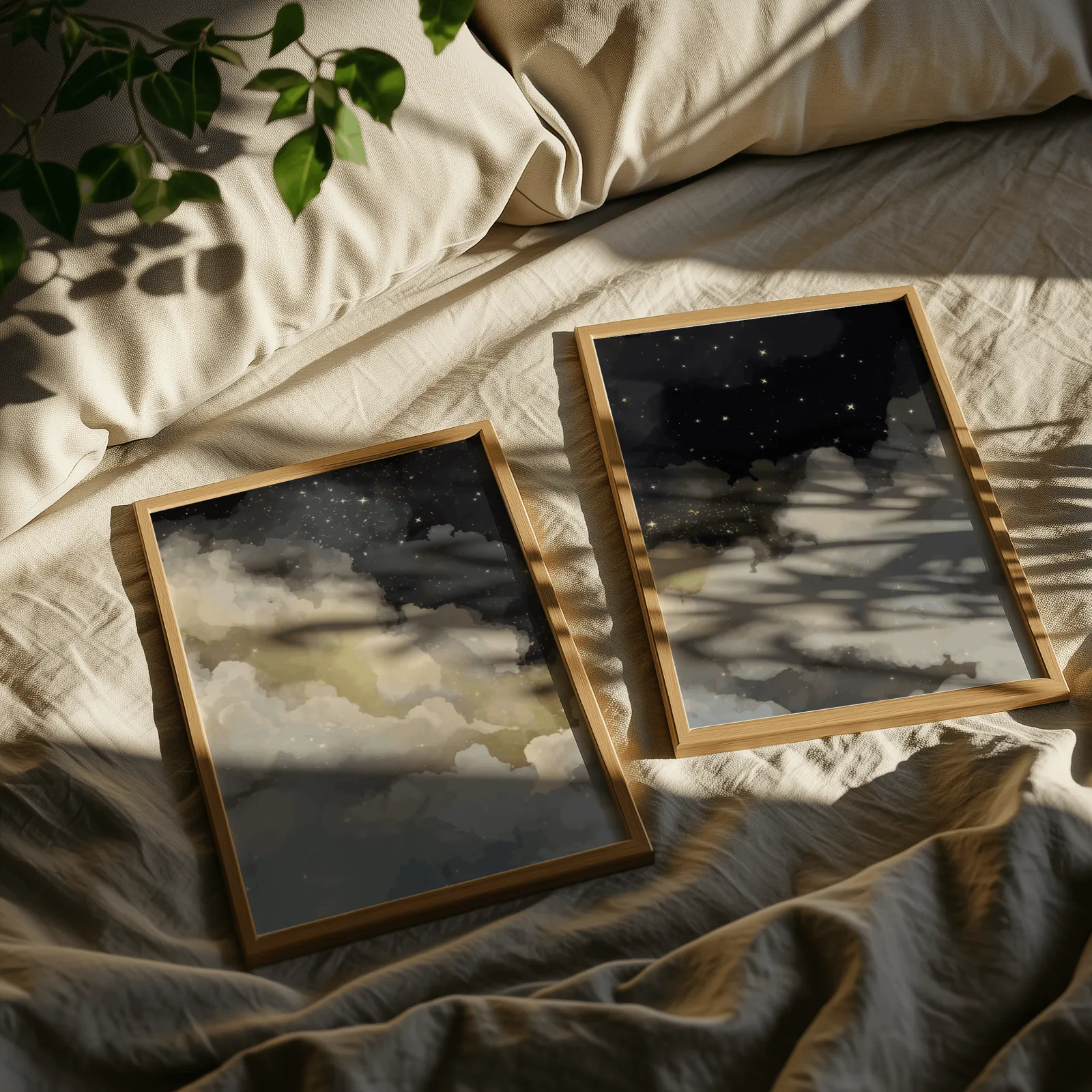 night sky clouds wall art set of 2, resting on rumpled linen sheets with dappled leaf shadows