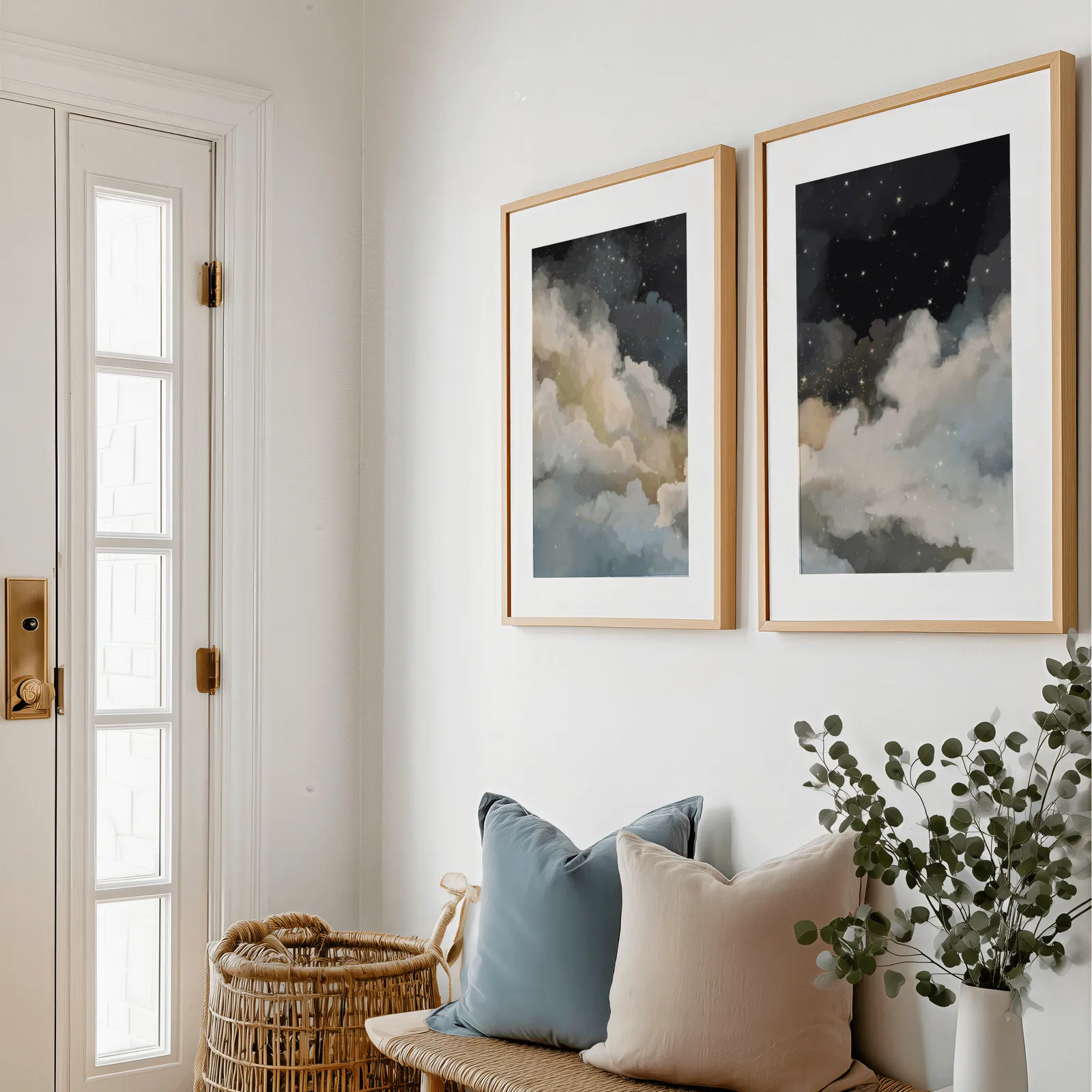 night sky clouds wall art set of 2, above a bench with blue and blush pillows near the entry door
