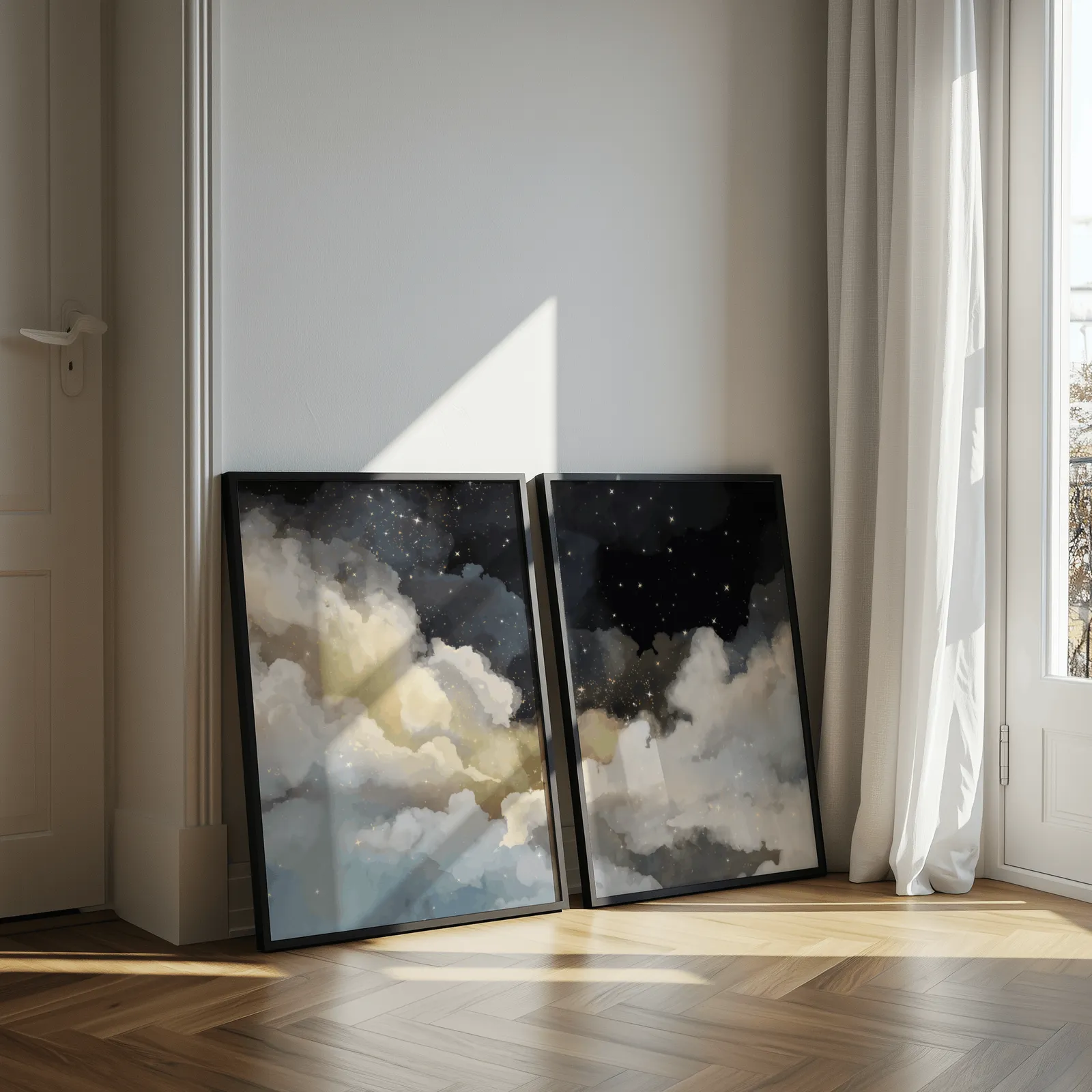 night sky clouds wall art set of 2, leaning against a sunlit wall by herringbone floor and sheer curtains