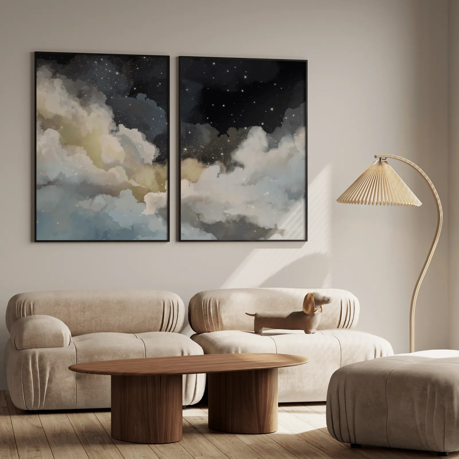 night sky clouds wall art set of 2, above a plush beige sofa with a pleated lamp nearby