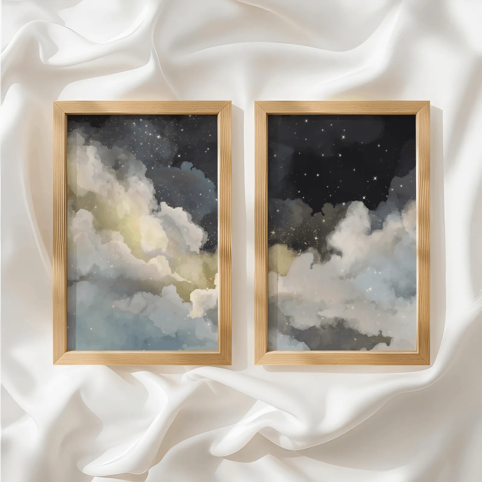 night sky clouds wall art set of 2, side by side atop rumpled white silky fabric