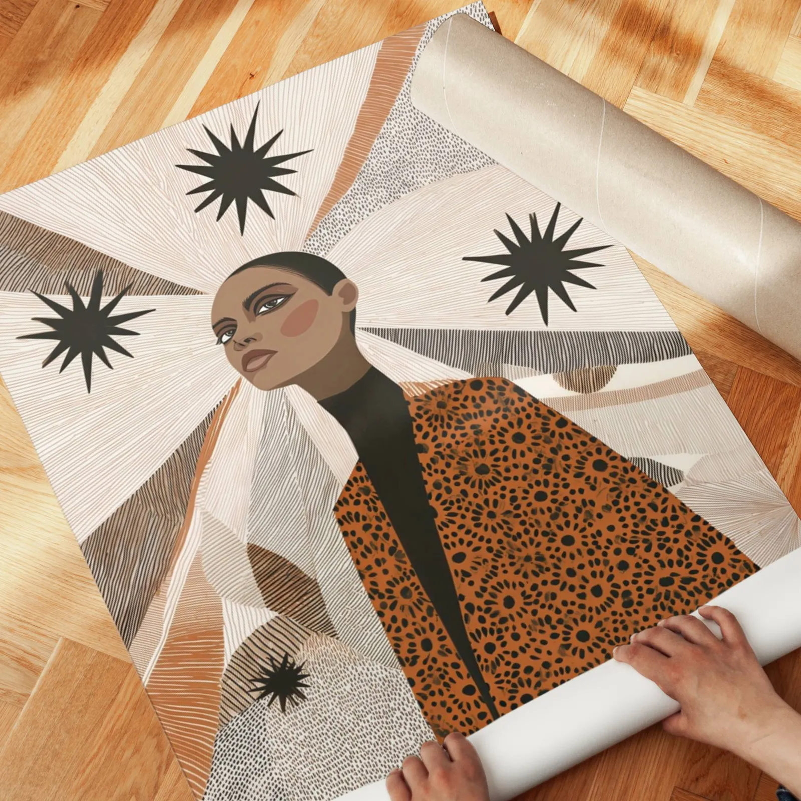 terracotta abstract woman wall art with stars, unrolled across a herringbone parquet floor by hand