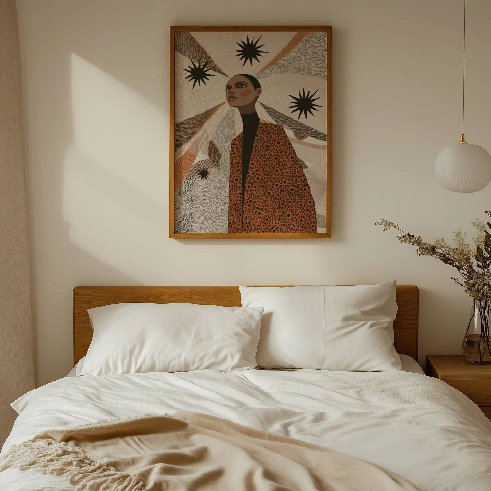 terracotta abstract woman wall art with stars, above a wooden headboard with white linen pillows