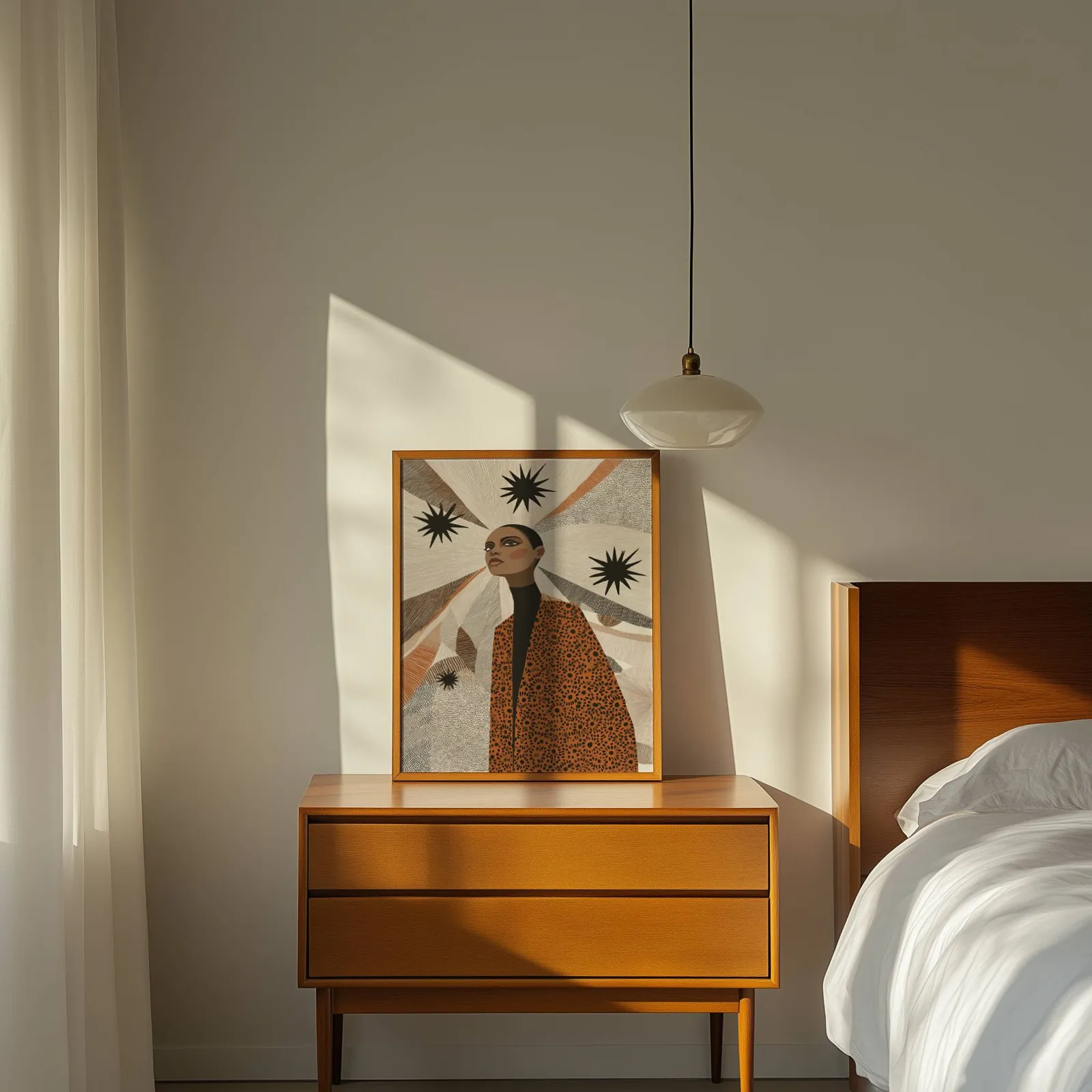 terracotta abstract woman wall art with stars, propped on a wooden dresser beside a pendant lamp