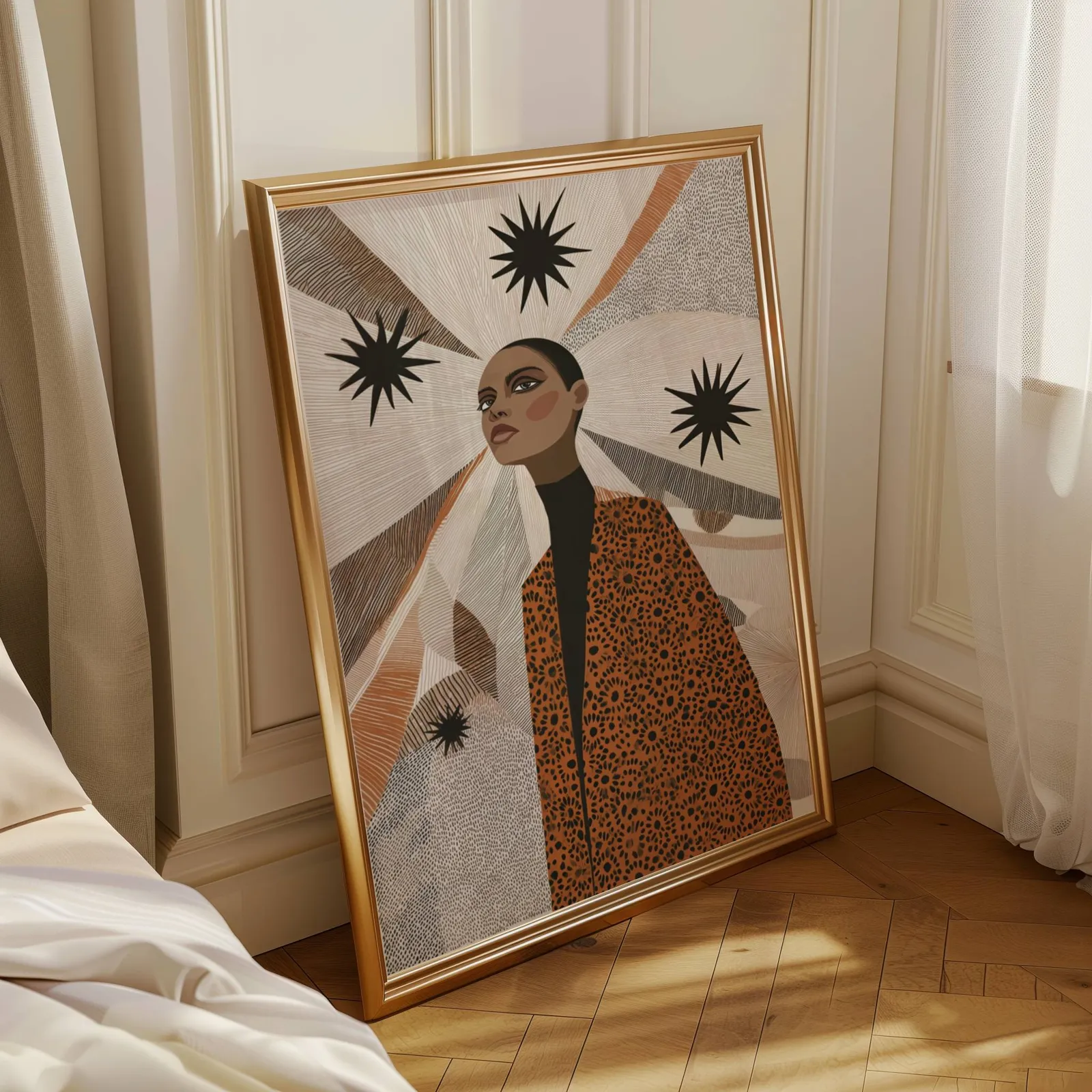 terracotta abstract woman wall art with stars, leaning in a sunlit corner beside sheer curtains and herringbone floor