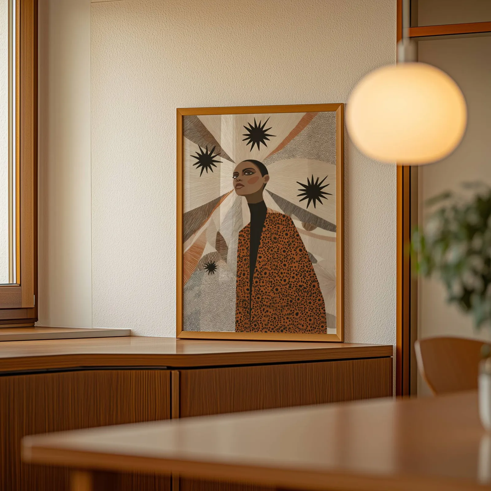 terracotta abstract woman wall art with stars, leaning on a wooden sideboard beside a glowing globe pendant
