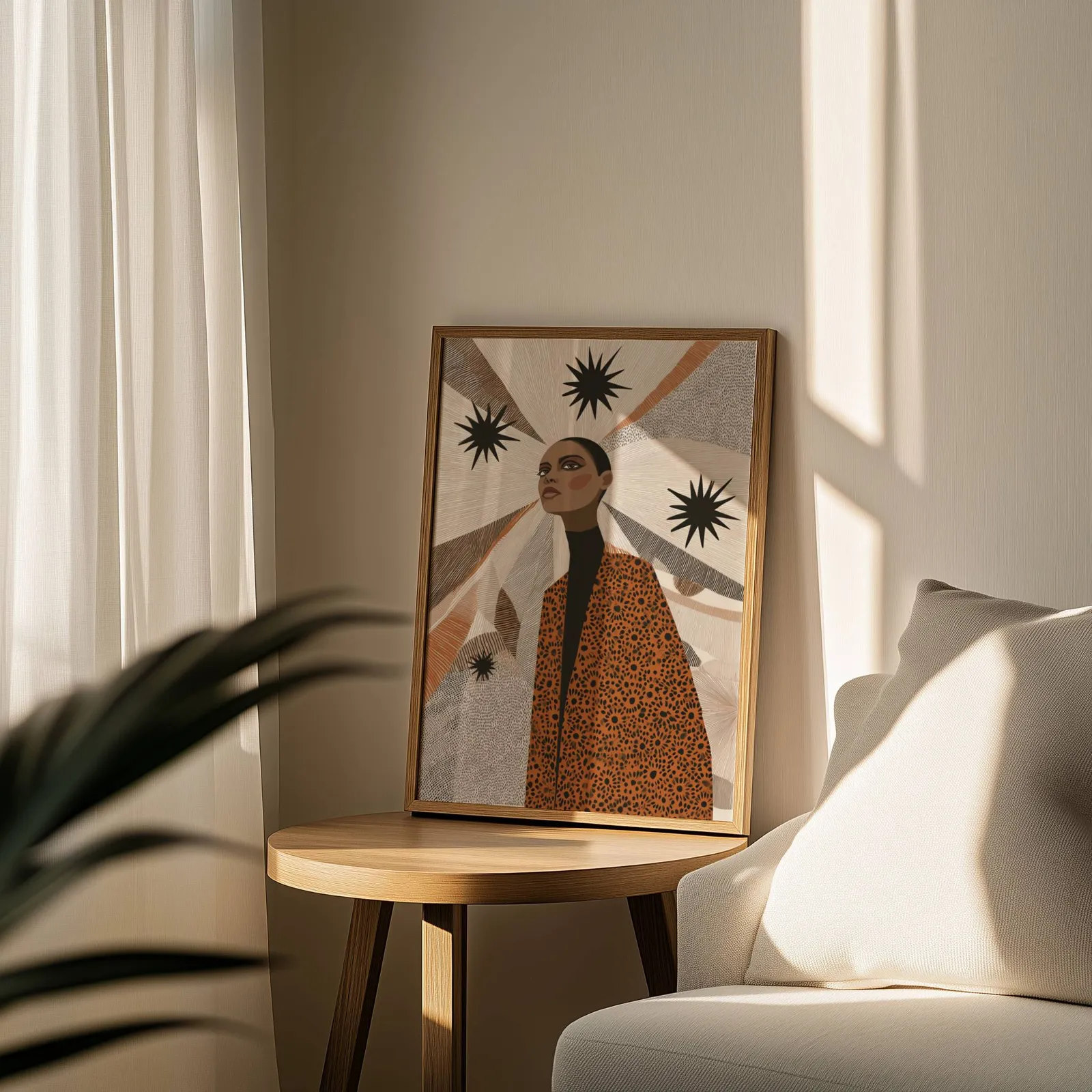 terracotta abstract woman wall art with stars, leaning on a round wooden side table by a sheer curtain