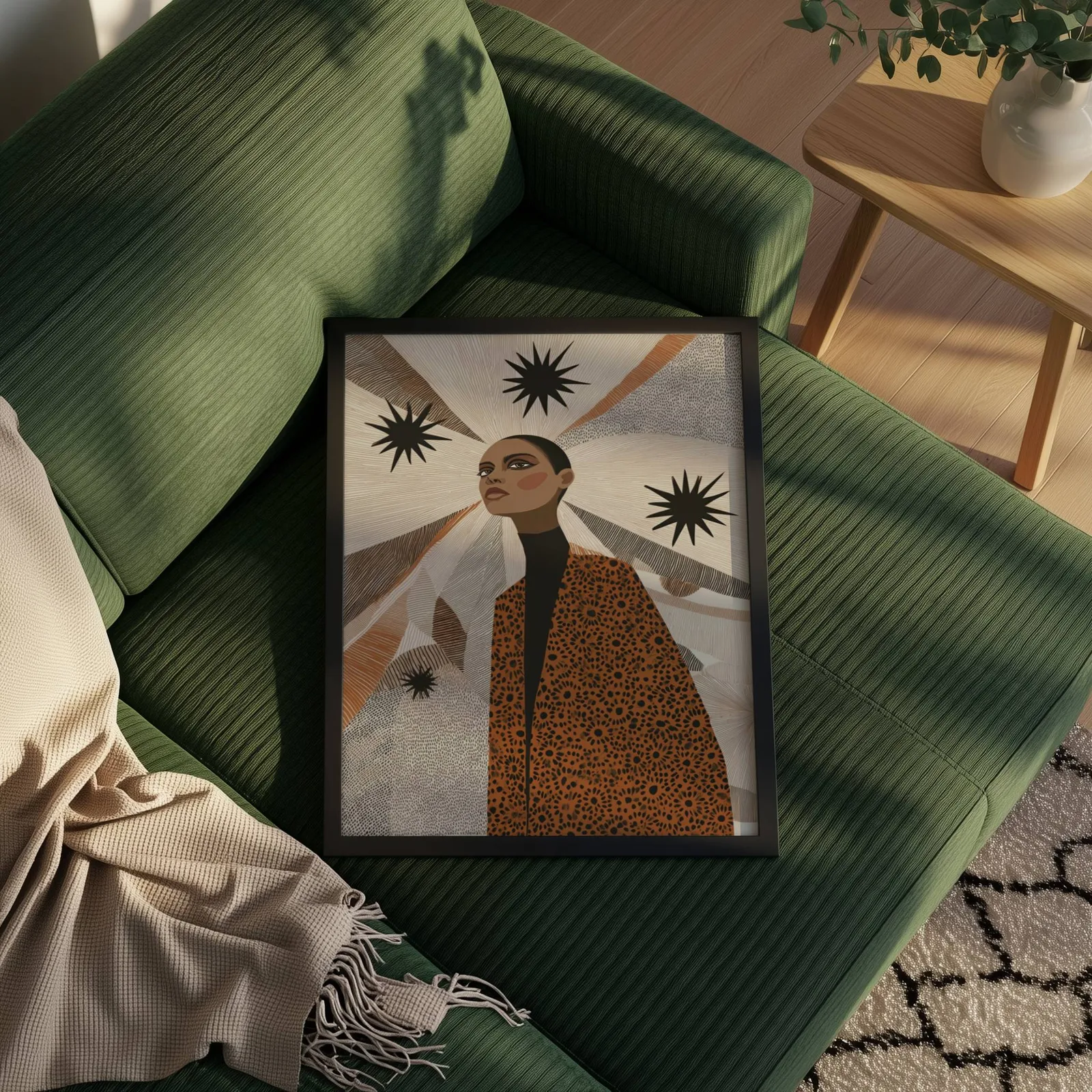 terracotta abstract woman wall art with stars, propped on a ribbed olive-green sofa beside a fringed throw