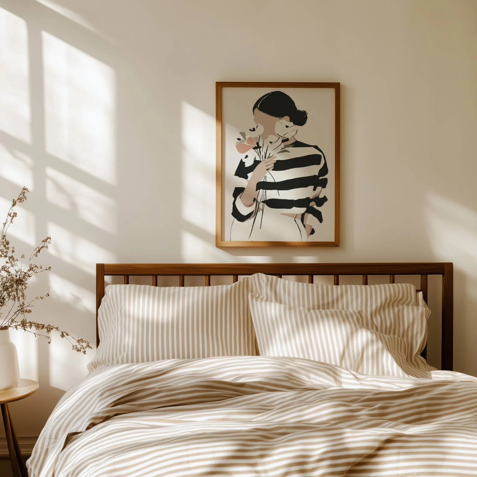 woman with flowers abstract face art print, above a spindle headboard with striped linen bedding