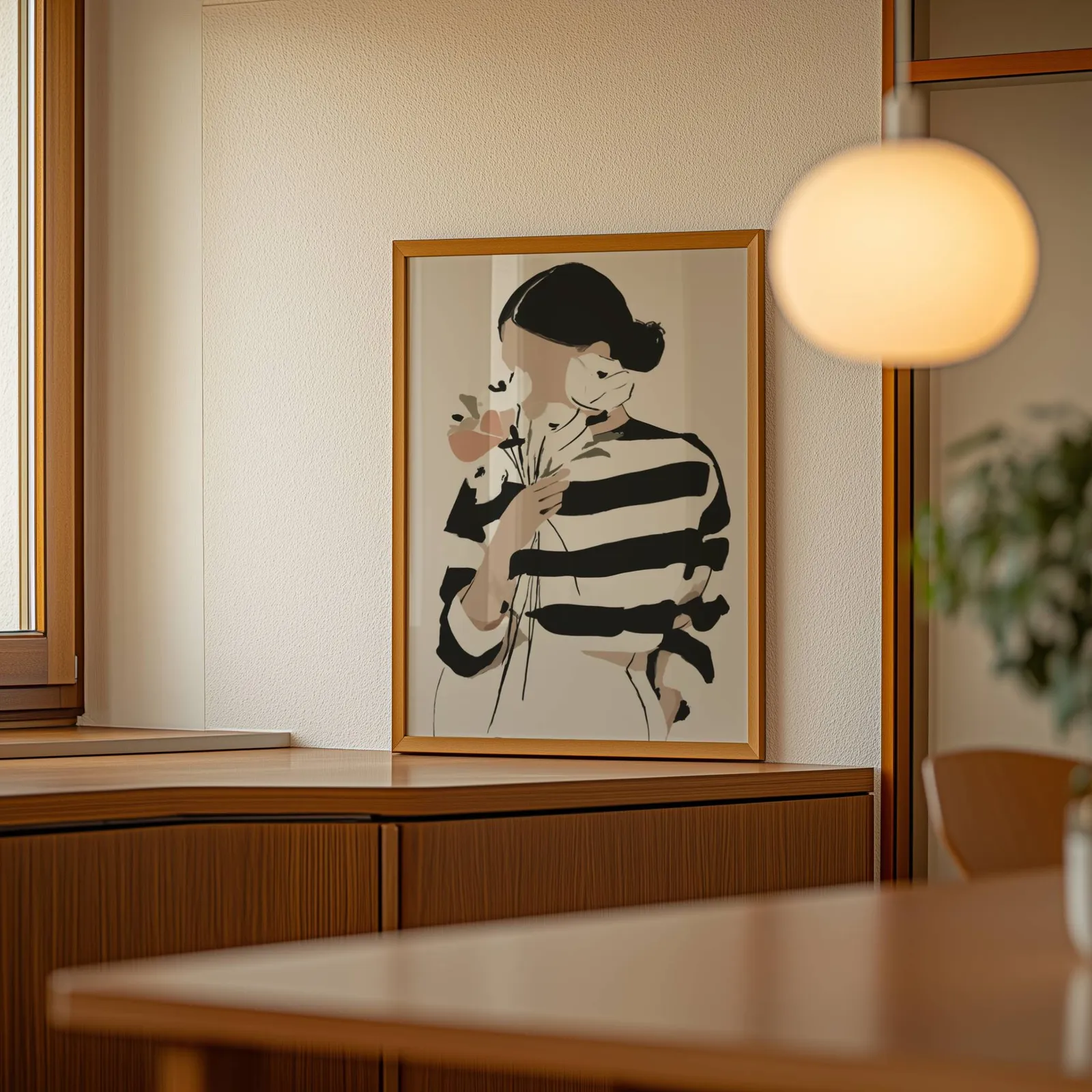 woman with flowers abstract face art print, leaning on a wooden sideboard beside a glowing globe pendant
