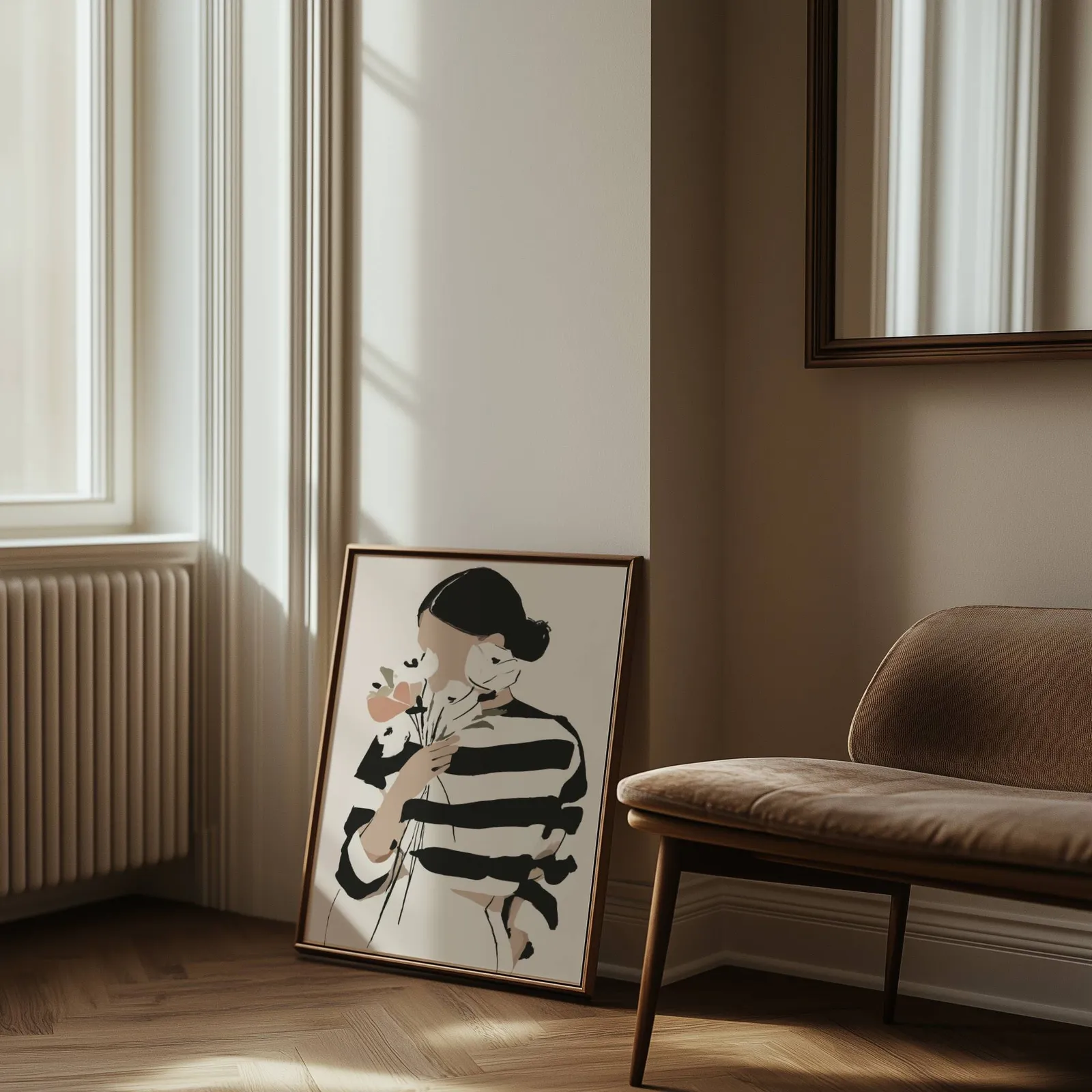 woman with flowers abstract face art print, leaning against the wall beside a sunlit radiator and herringbone floor