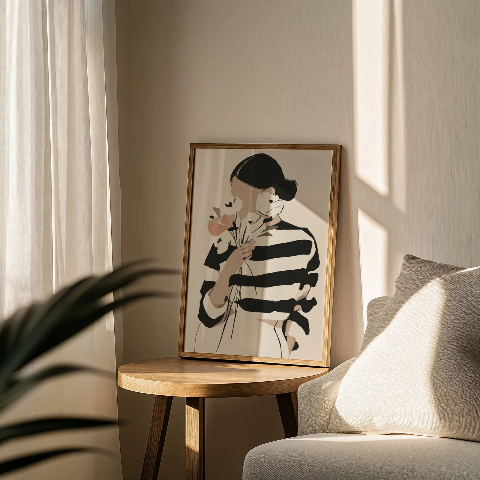 woman with flowers abstract face art print, leaning on a round wooden side table by a sheer curtain