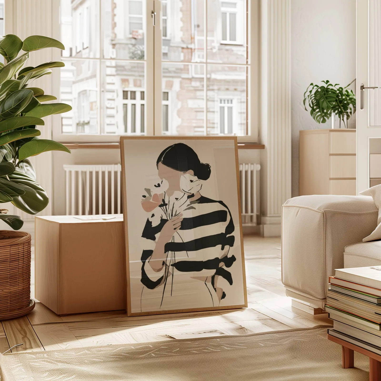 woman with flowers abstract face art print, leaning against a cardboard box near a tall window radiator