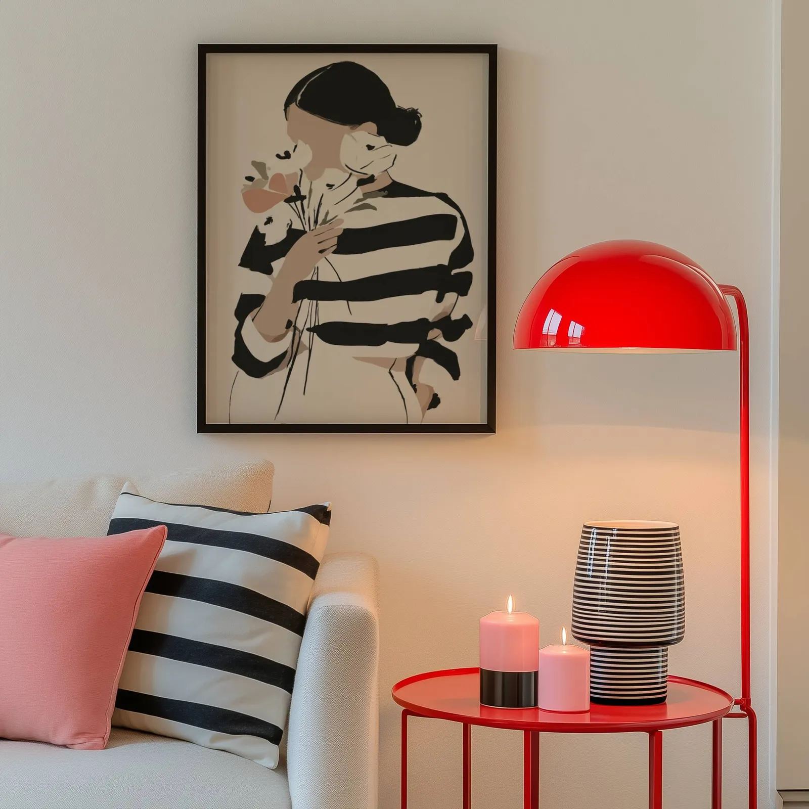 woman with flowers abstract face art print, above a cream sofa beside a glossy red dome lamp