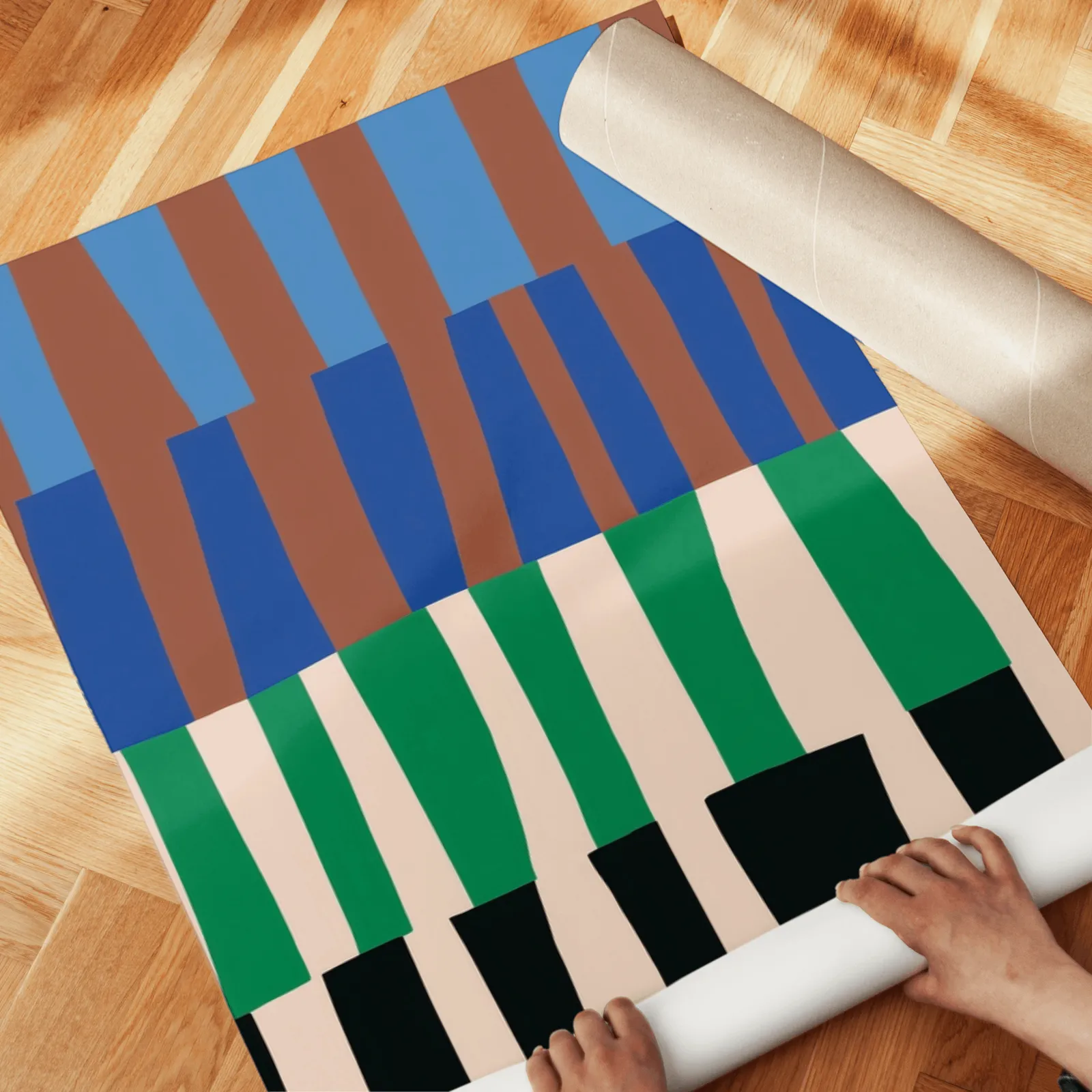 blue green abstract landscape wall art set of 2, unrolled across a herringbone parquet floor by hand