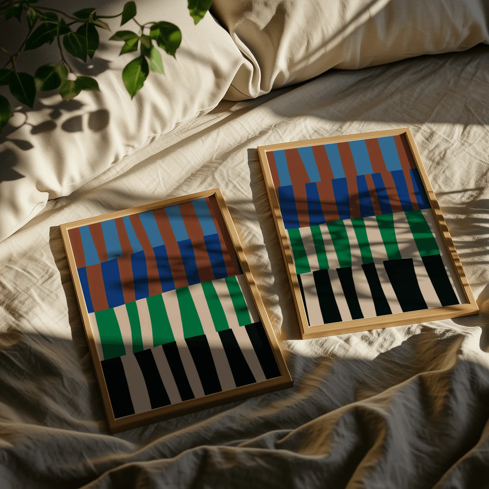 blue green abstract landscape wall art set of 2, resting on rumpled linen sheets with dappled leaf shadows