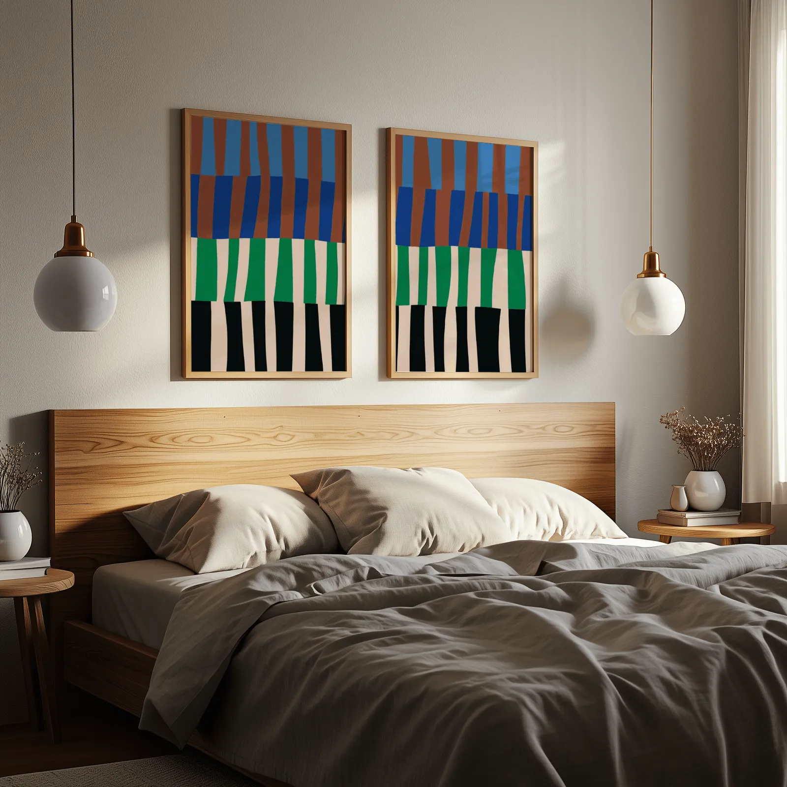 blue green abstract landscape wall art set of 2, above a wooden headboard flanked by globe pendant lights