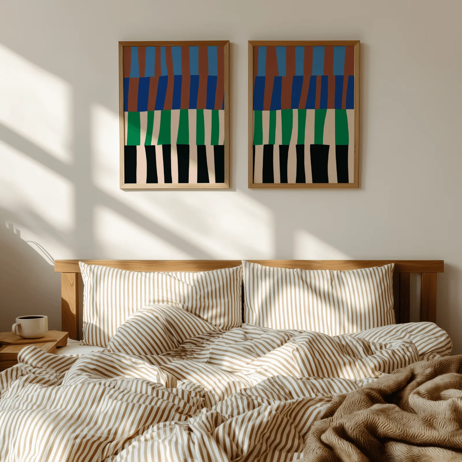 blue green abstract landscape wall art set of 2, above a wooden headboard with striped bedding and raking sunlight