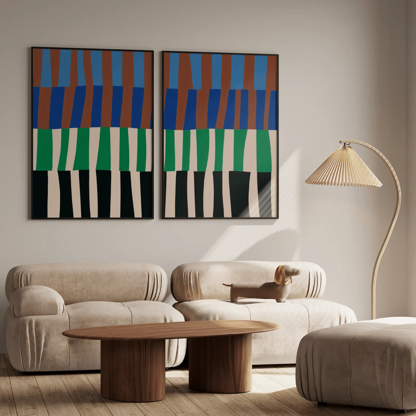blue green abstract landscape wall art set of 2, above a plush beige sofa with a pleated lamp nearby