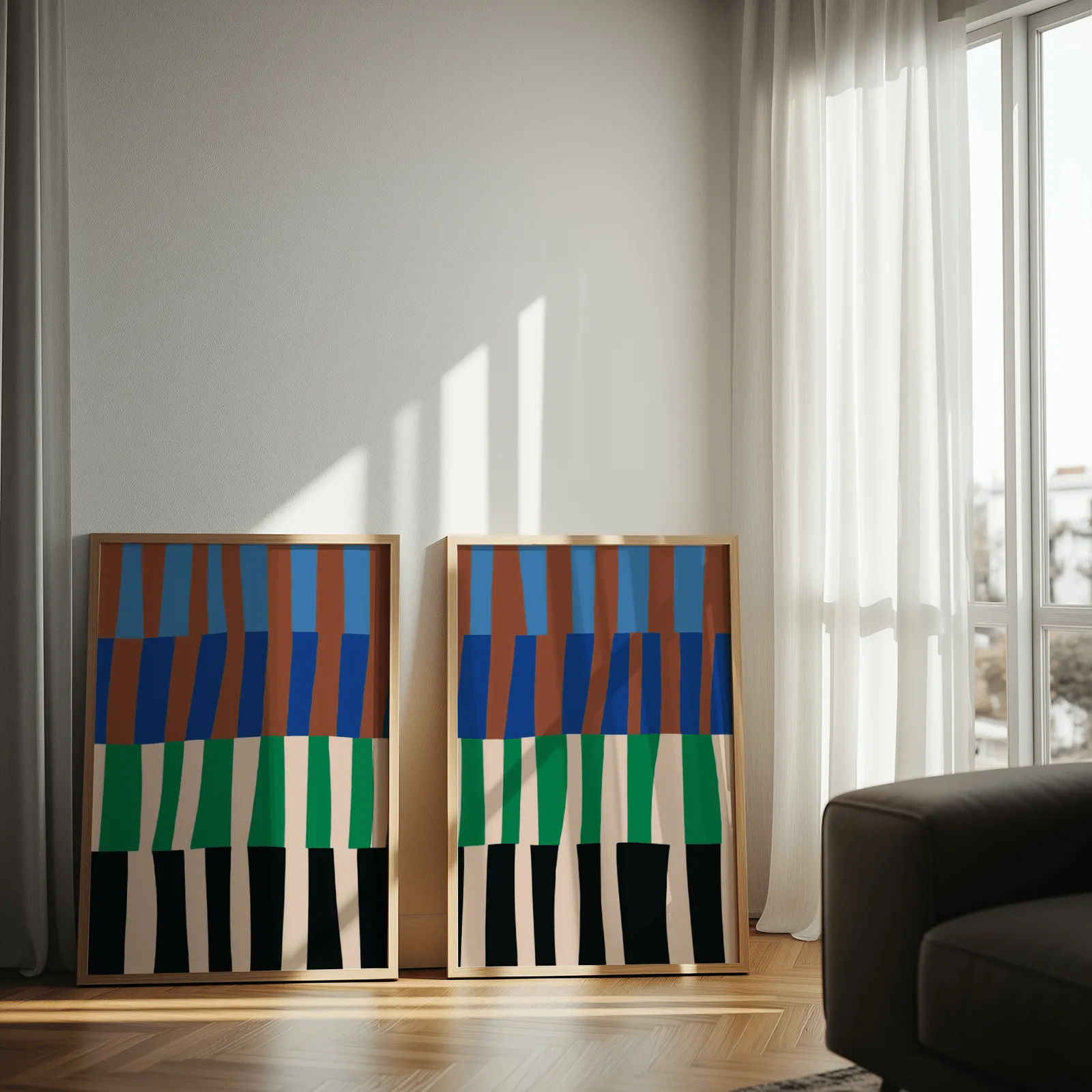 blue green abstract landscape wall art set of 2, leaning against a sunlit wall by sheer curtains