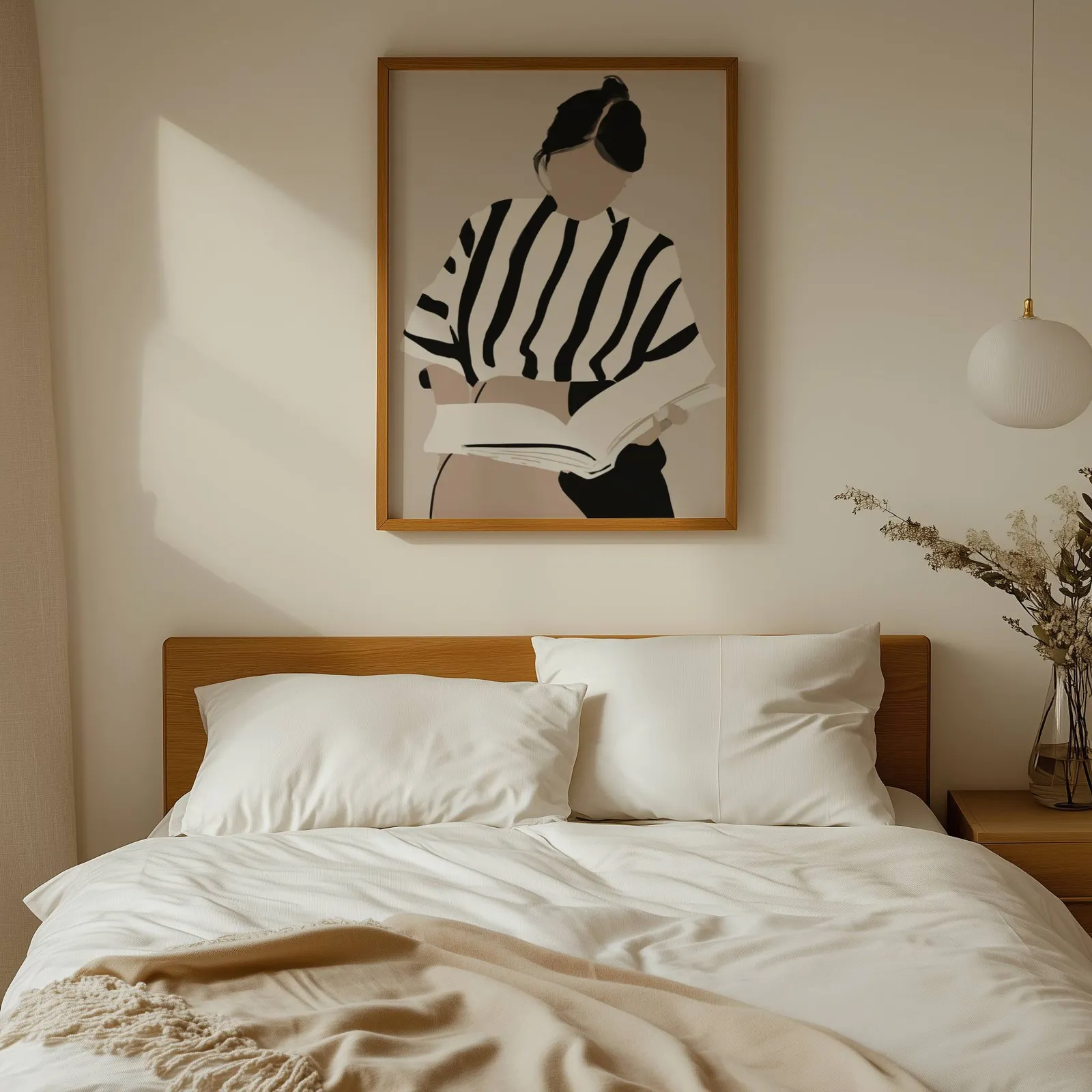 woman reading minimalist wall art, above a wooden headboard with white linen pillows