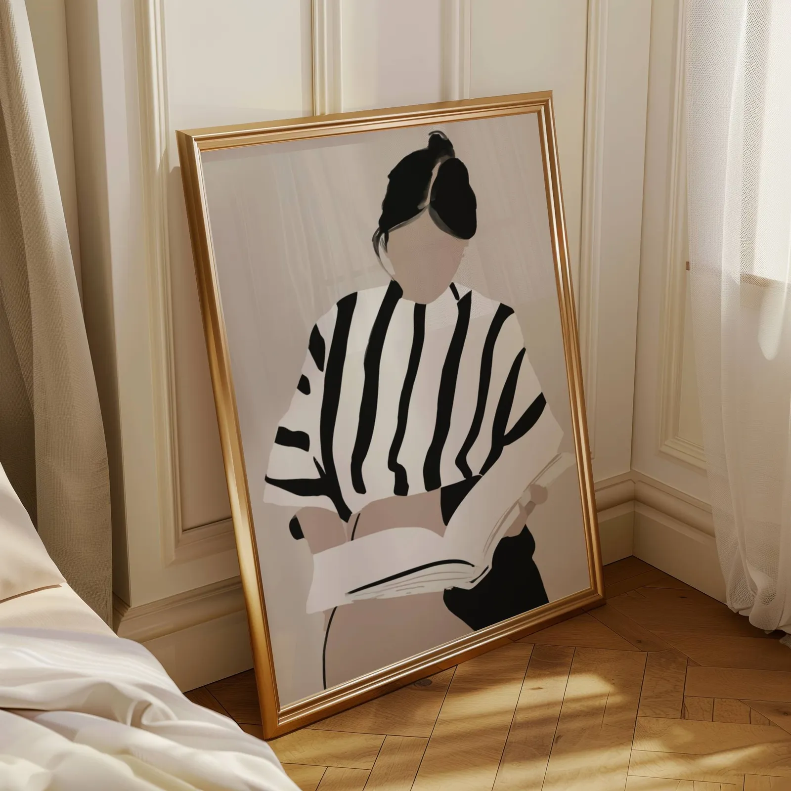 woman reading minimalist wall art, leaning in a sunlit corner beside sheer curtains and herringbone floor