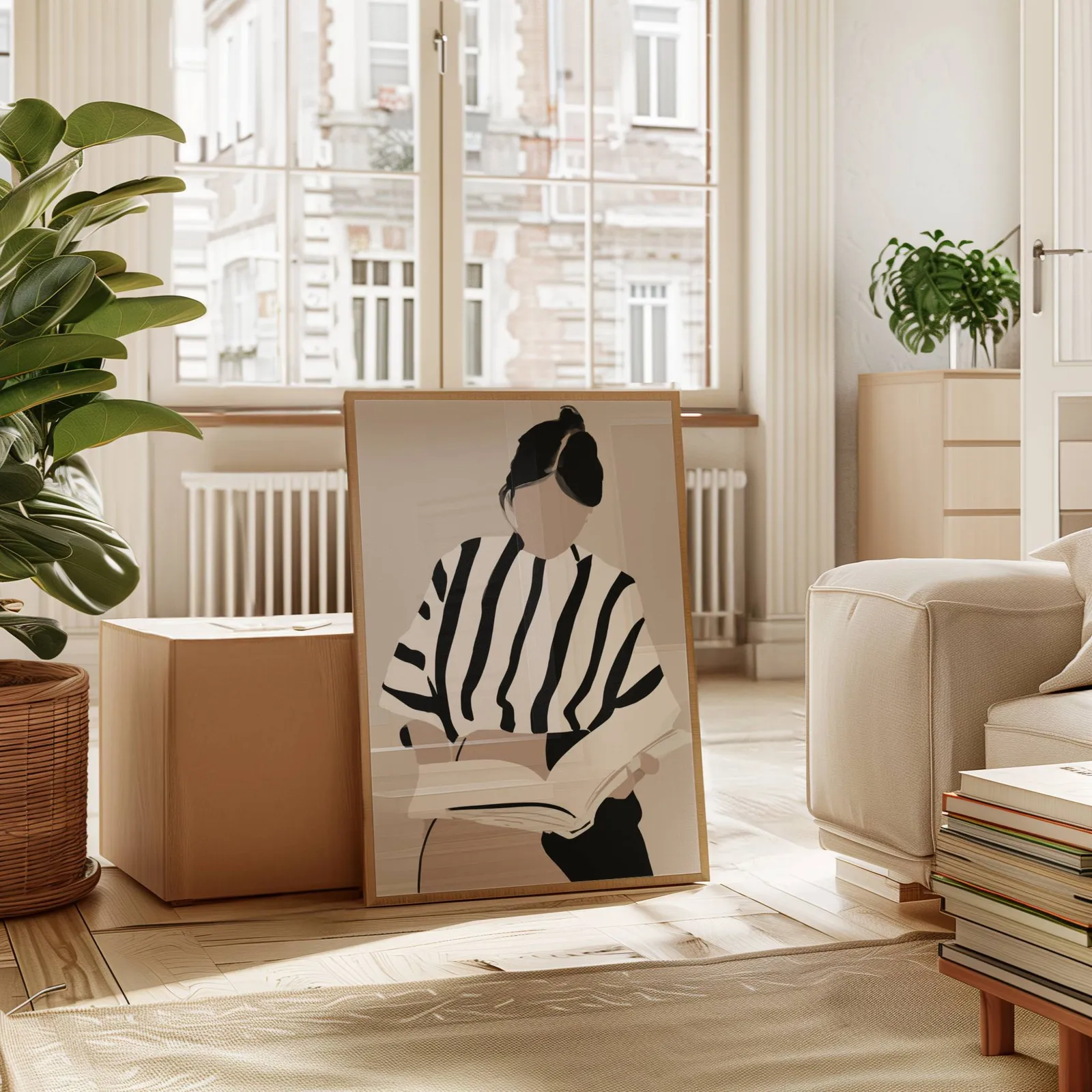 woman reading minimalist wall art, leaning against a cardboard box near a tall window radiator