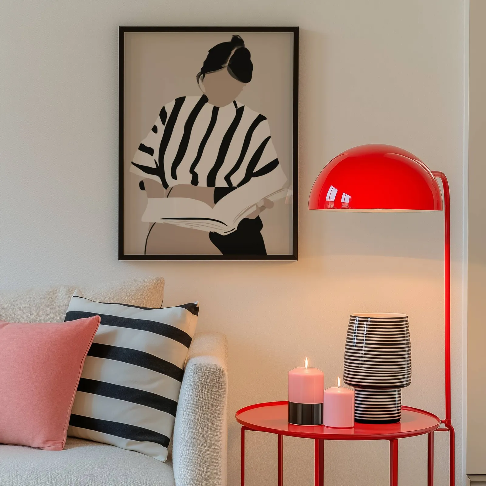woman reading minimalist wall art, above a cream sofa beside a glossy red dome lamp