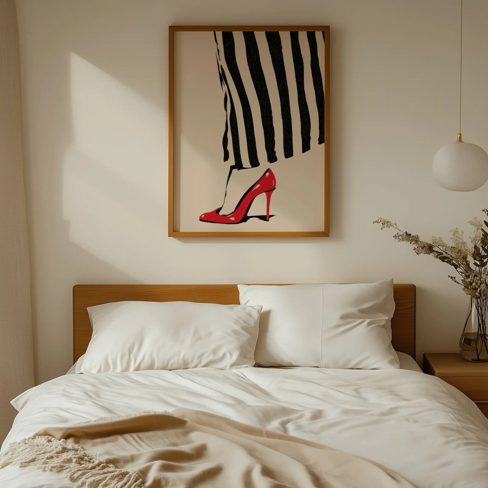 red high heel striped fashion wall art, above a wooden headboard with white linen pillows