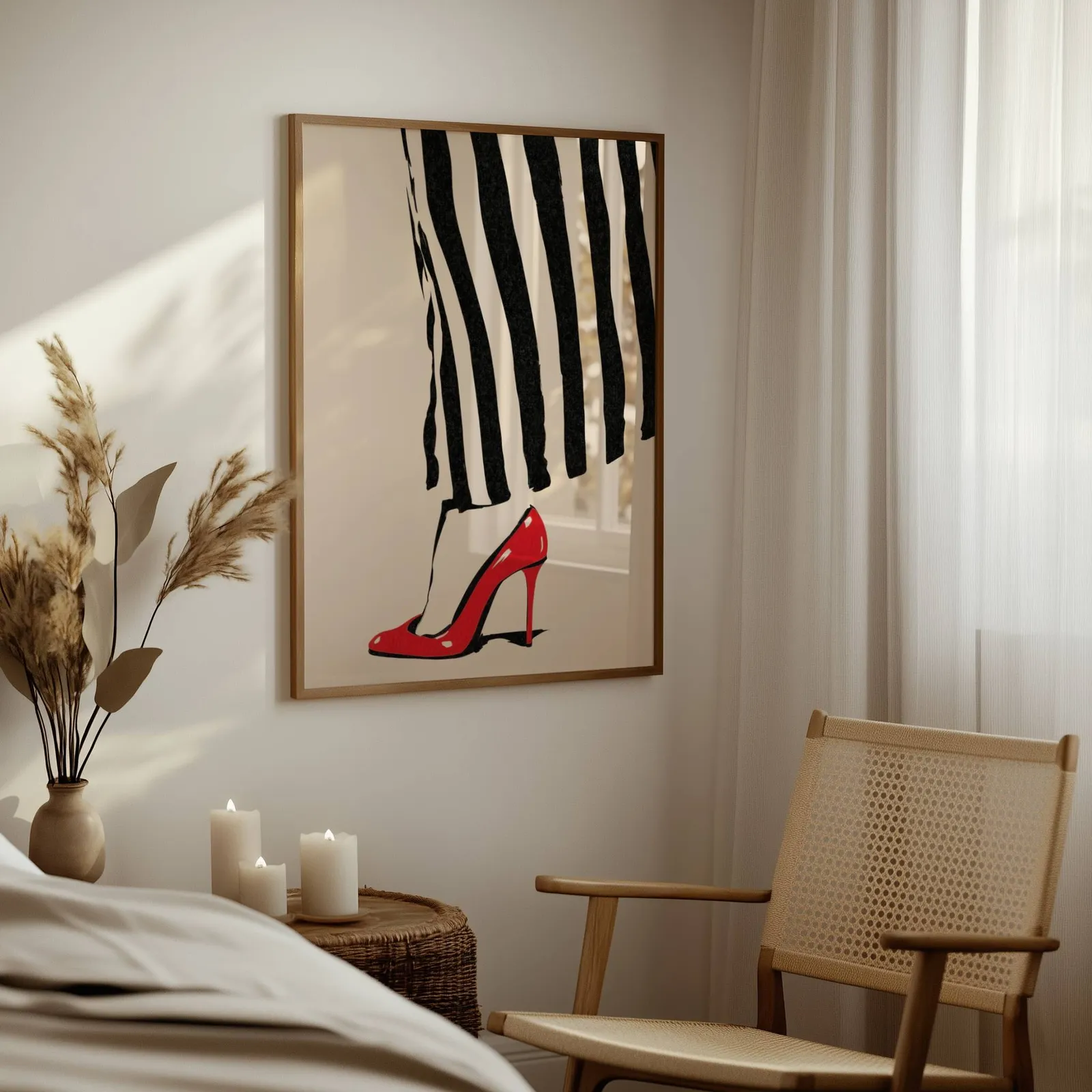 red high heel striped fashion wall art, above a woven side table with lit candles and pampas grass