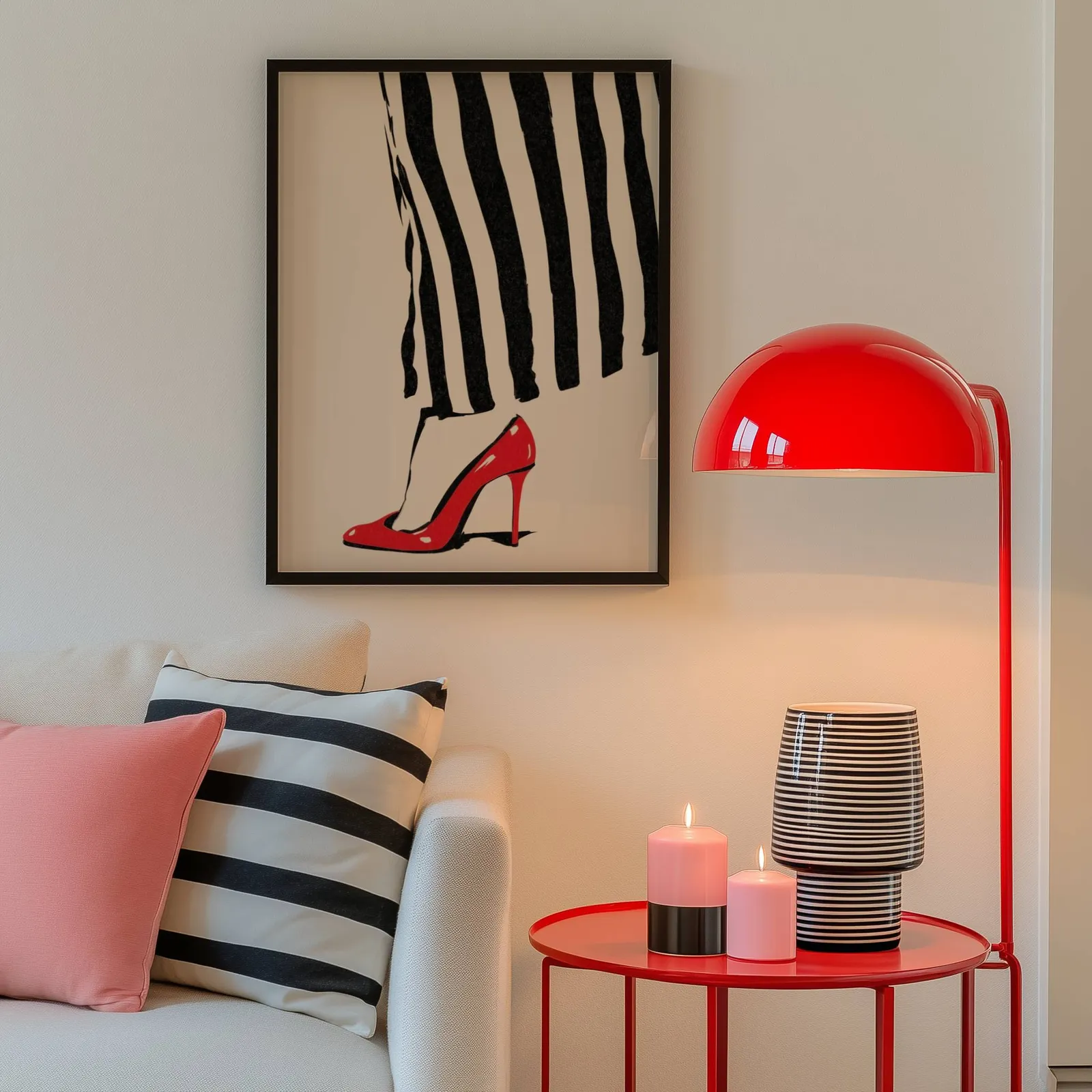 red high heel striped fashion wall art, above a cream sofa beside a glossy red dome lamp