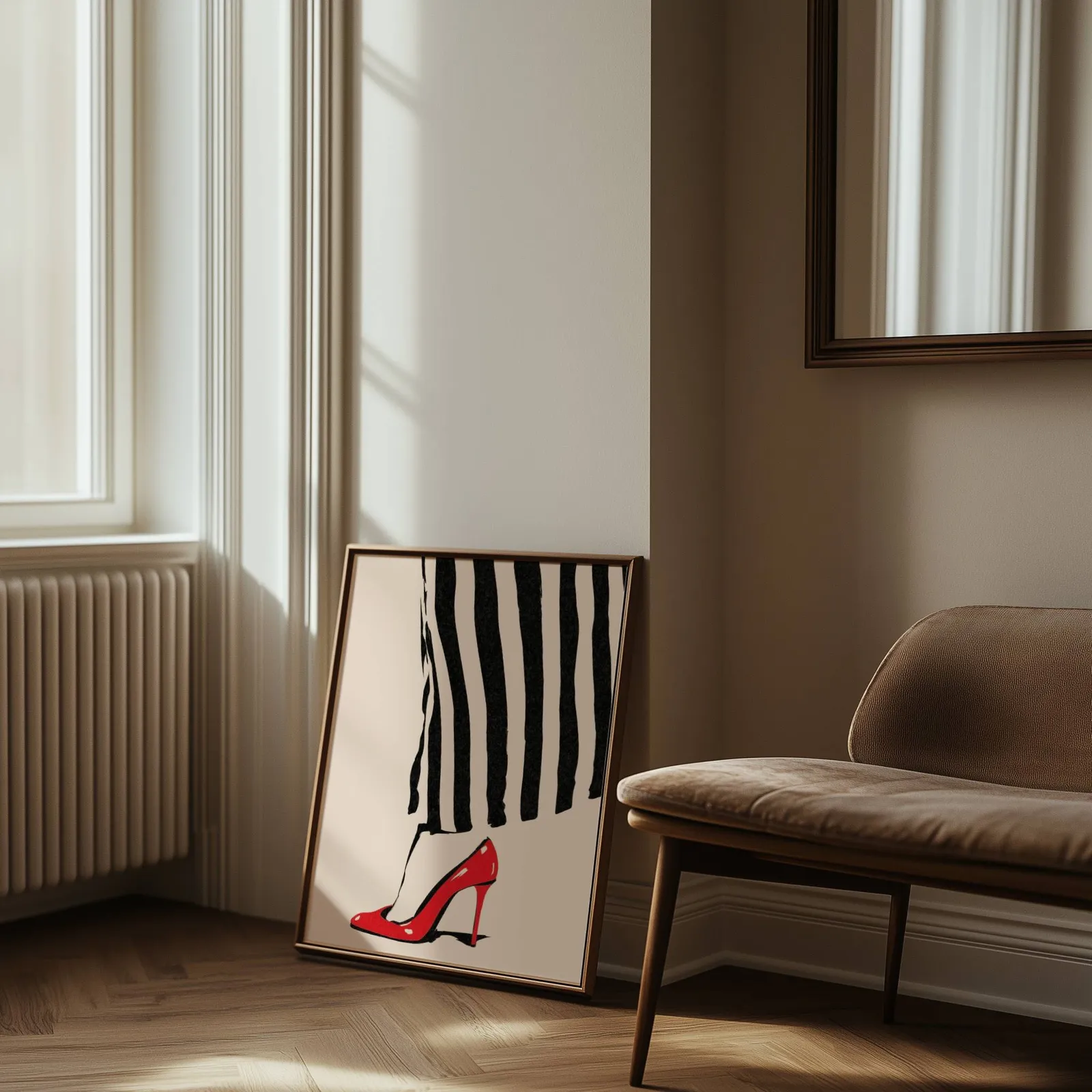 red high heel striped fashion wall art, leaning against the wall beside a sunlit radiator and herringbone floor