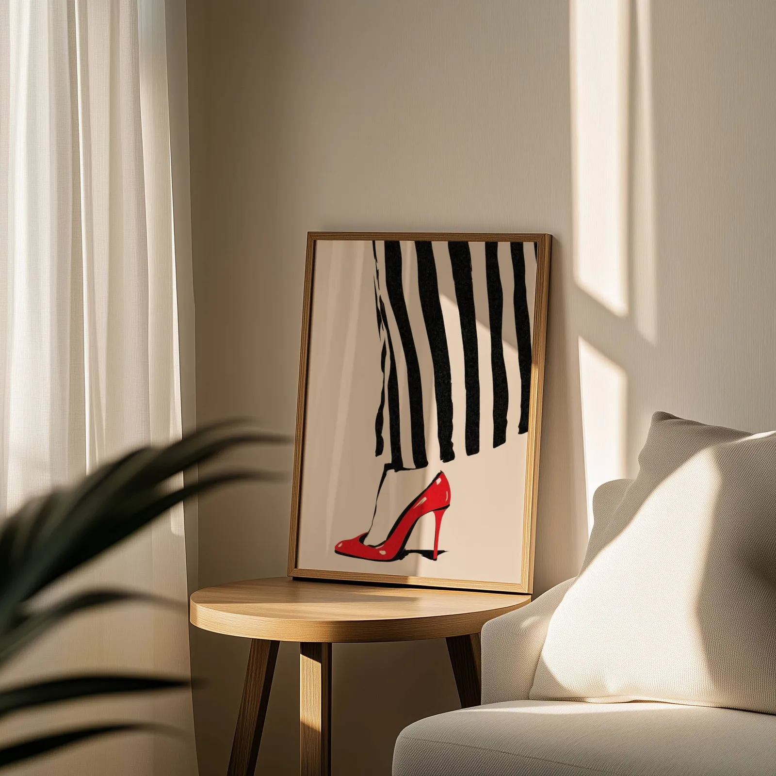 red high heel striped fashion wall art, leaning on a round wooden side table by a sheer curtain