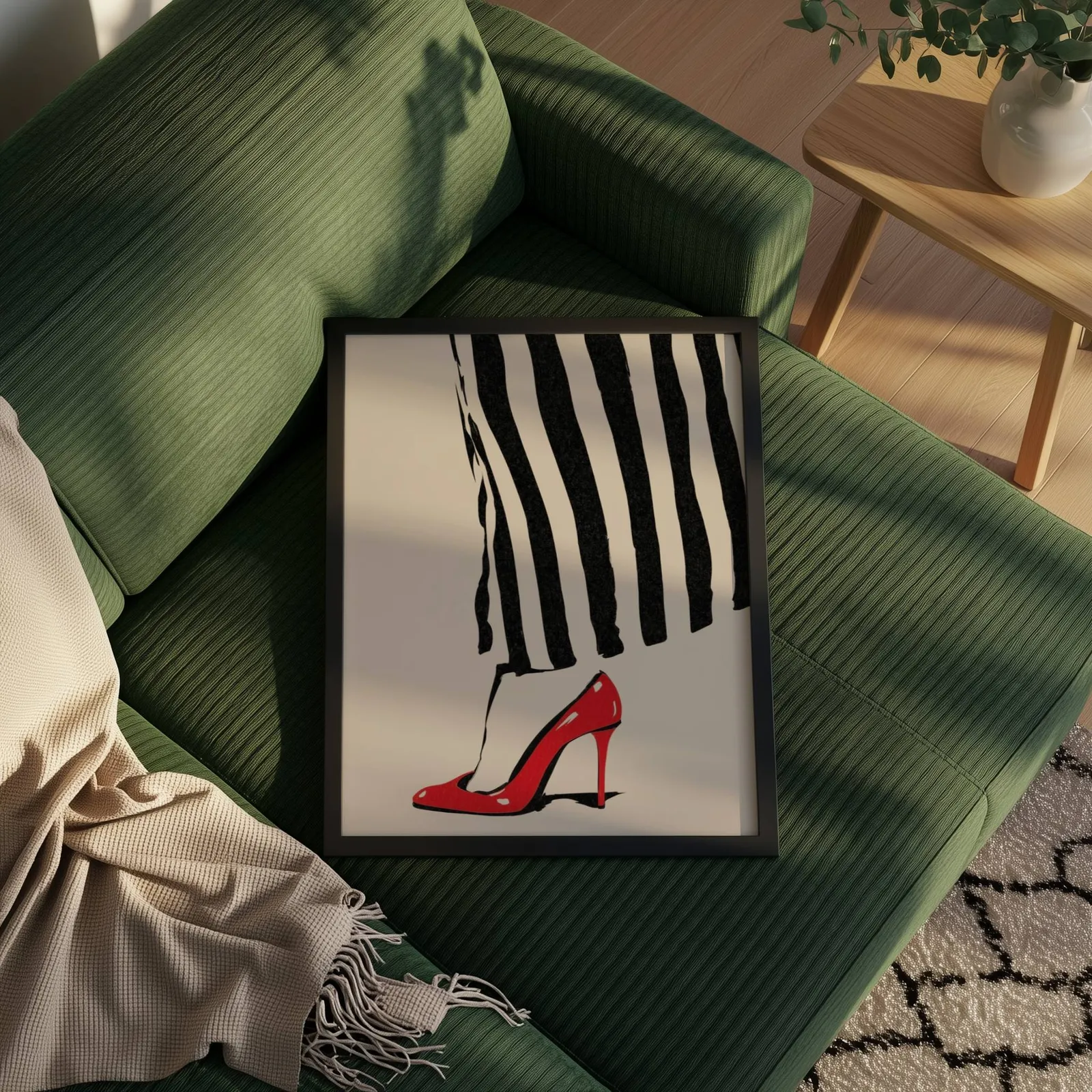 red high heel striped fashion wall art, propped on a ribbed olive-green sofa beside a fringed throw