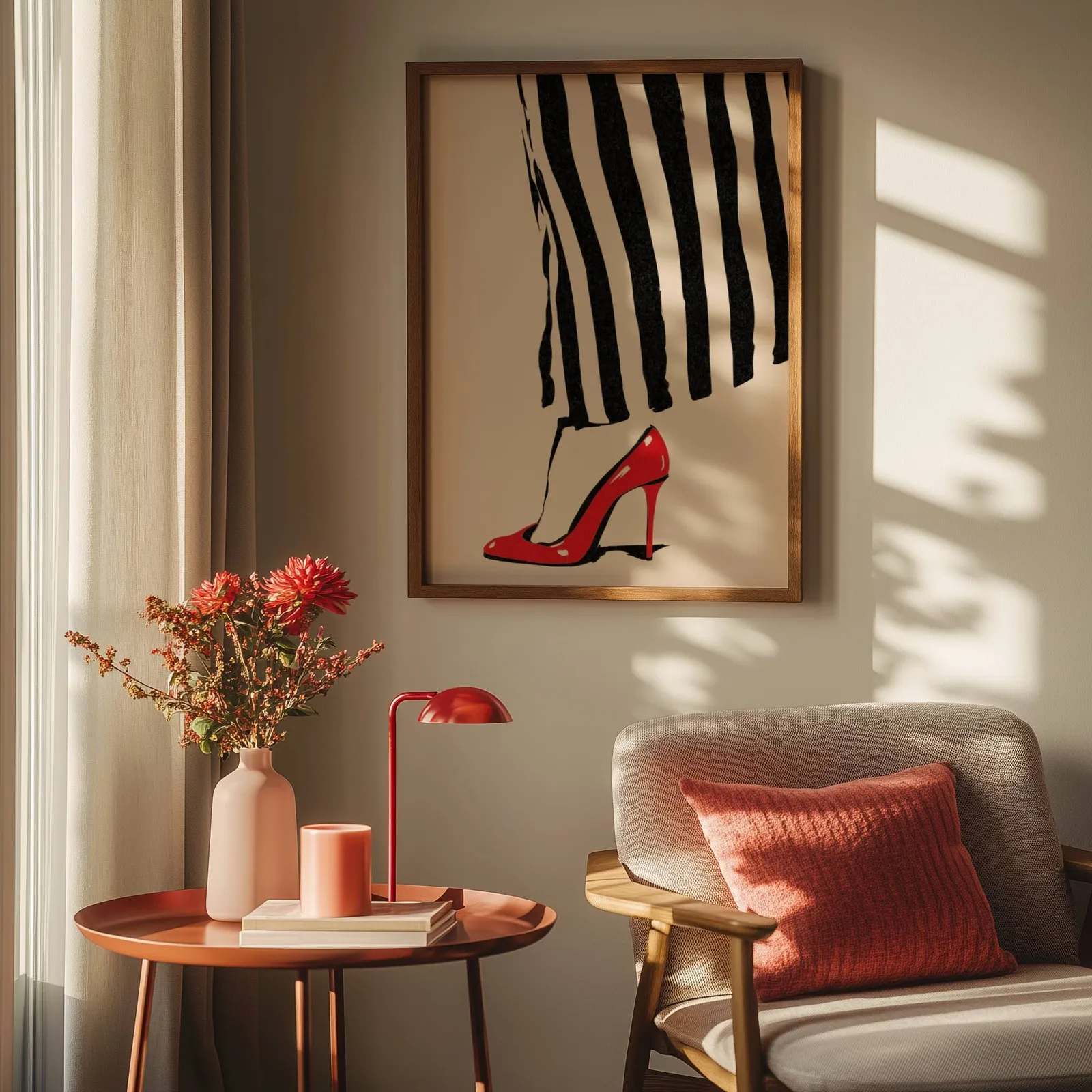 red high heel striped fashion wall art, above a round side table with a red lamp and dahlias