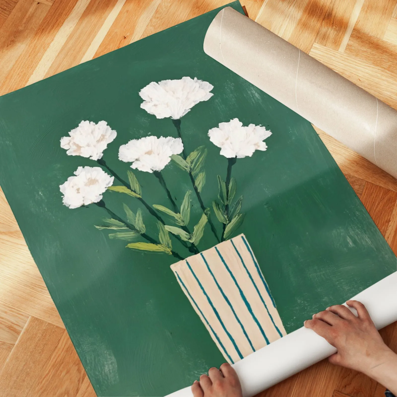 green floral wall art with white flowers in striped vase, unrolled across a herringbone parquet floor by hand