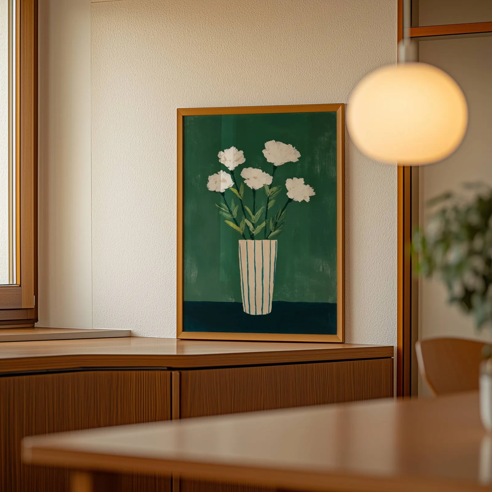 green floral wall art with white flowers in striped vase, leaning on a wooden sideboard beside a glowing globe pendant