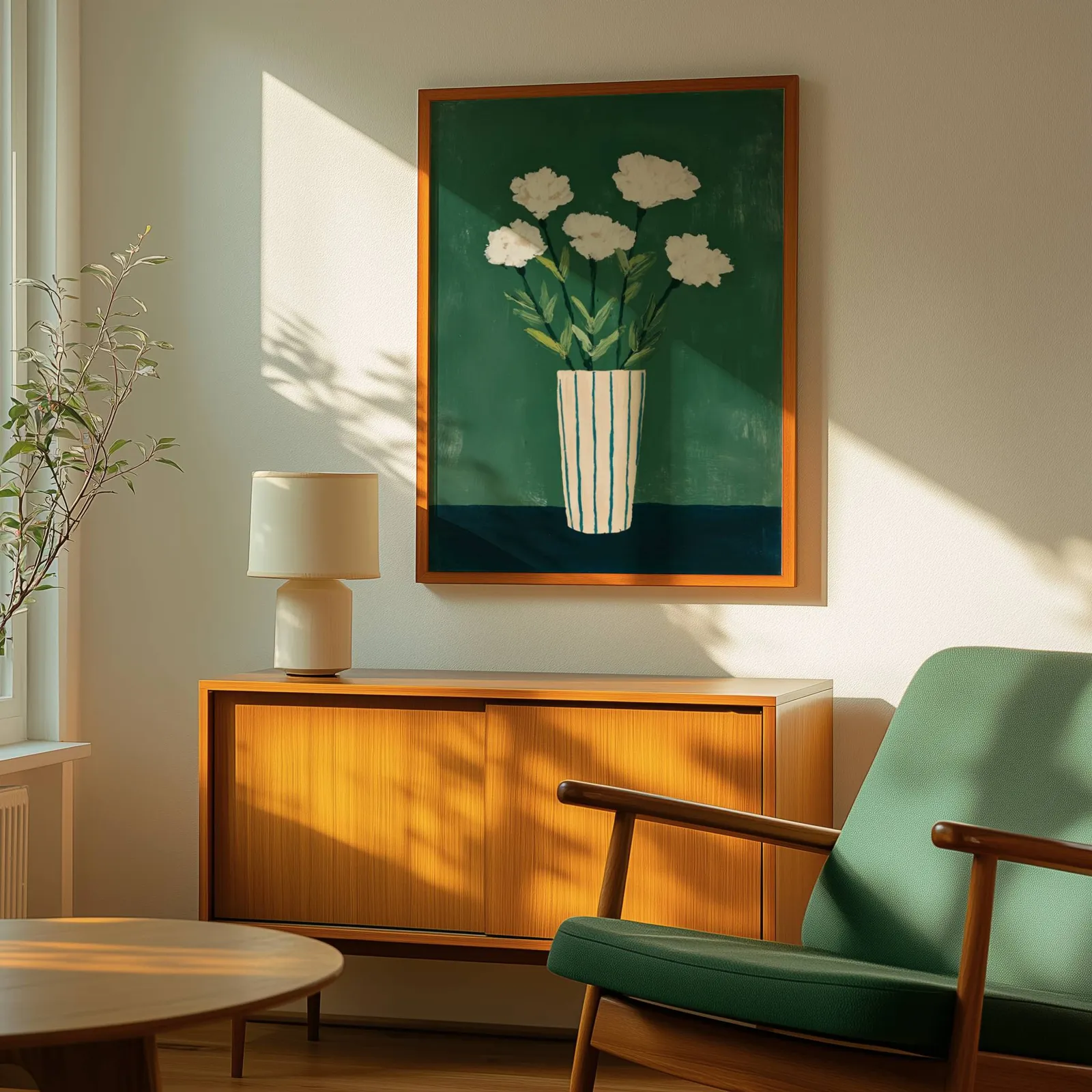 green floral wall art with white flowers in striped vase, above a wooden sideboard with a ceramic lamp and dappled sunlight