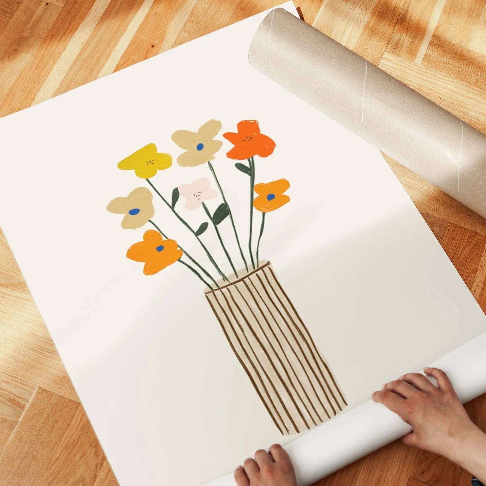 colorful floral wall art with striped vase, unrolled across a herringbone parquet floor by hand