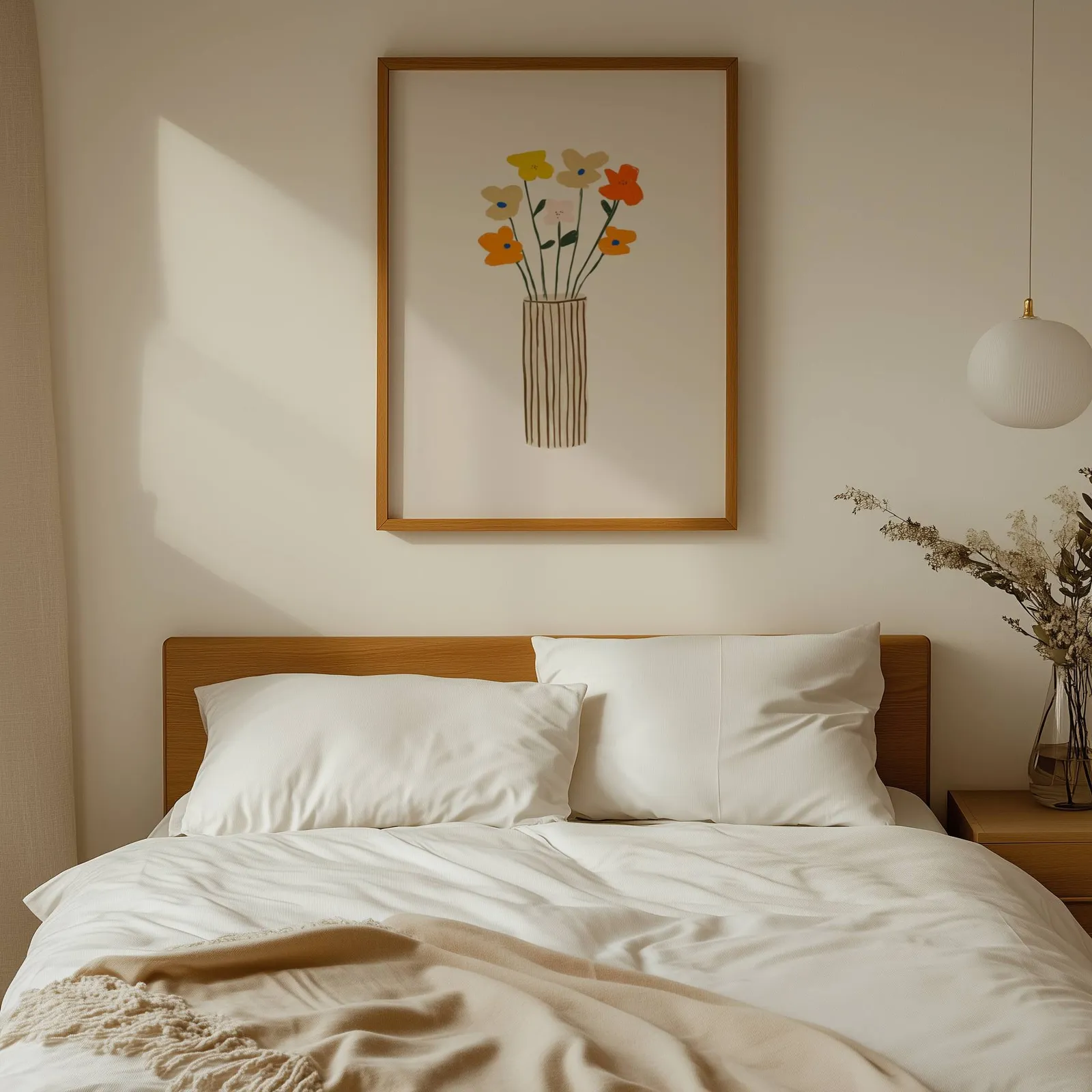 colorful floral wall art with striped vase, above a wooden headboard with white linen pillows