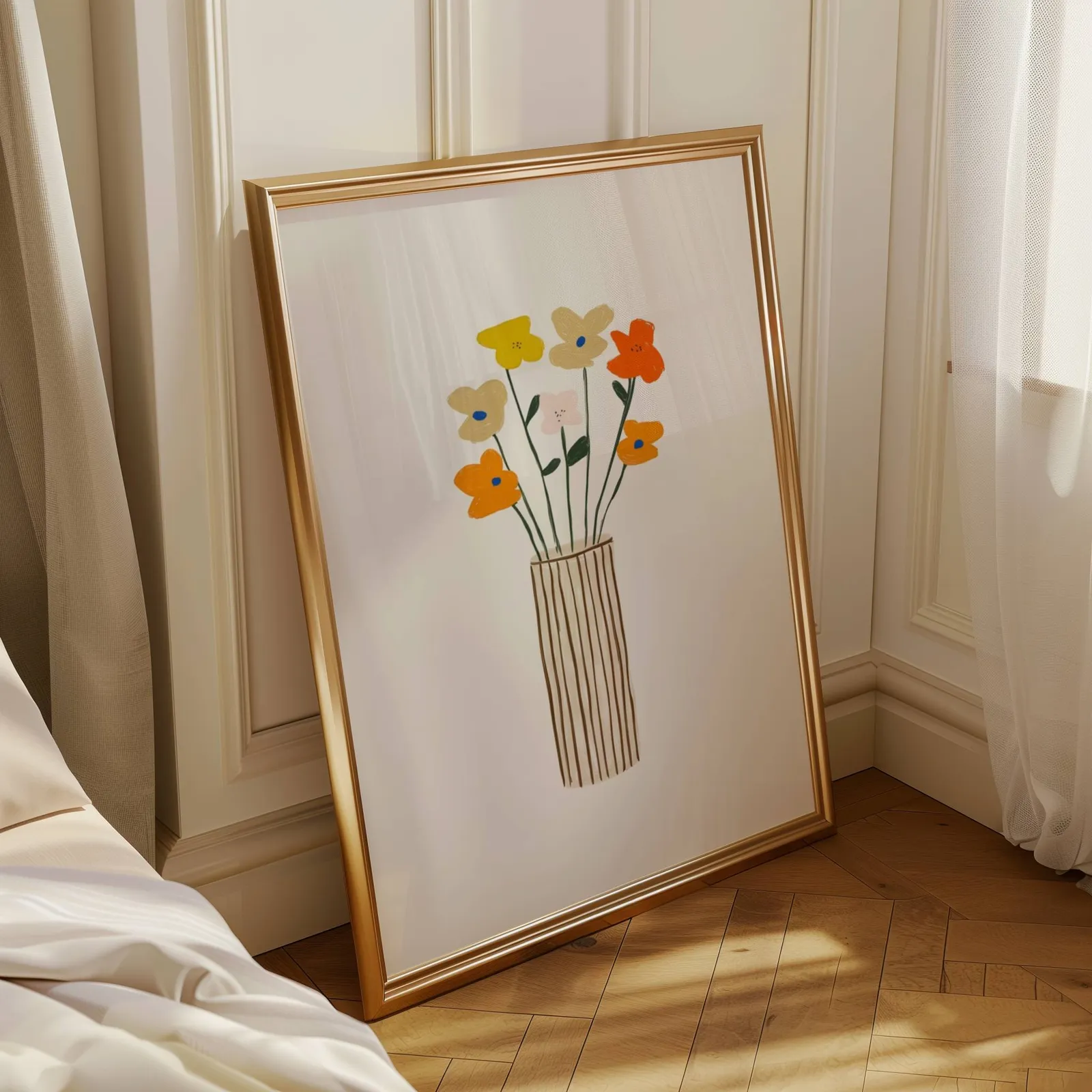 colorful floral wall art with striped vase, leaning in a sunlit corner beside sheer curtains and herringbone floor