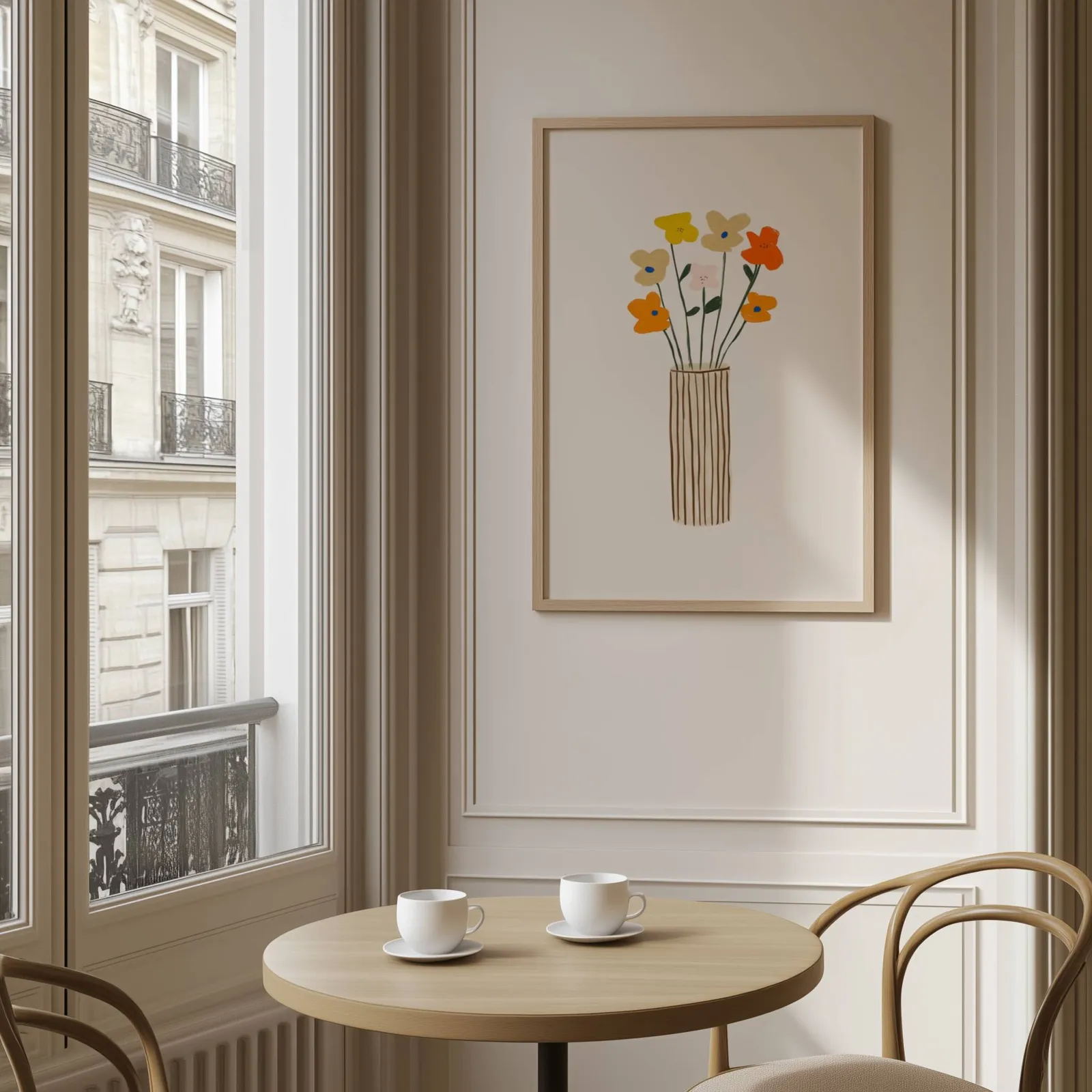 colorful floral wall art with striped vase, above a round café table set with two coffee cups
