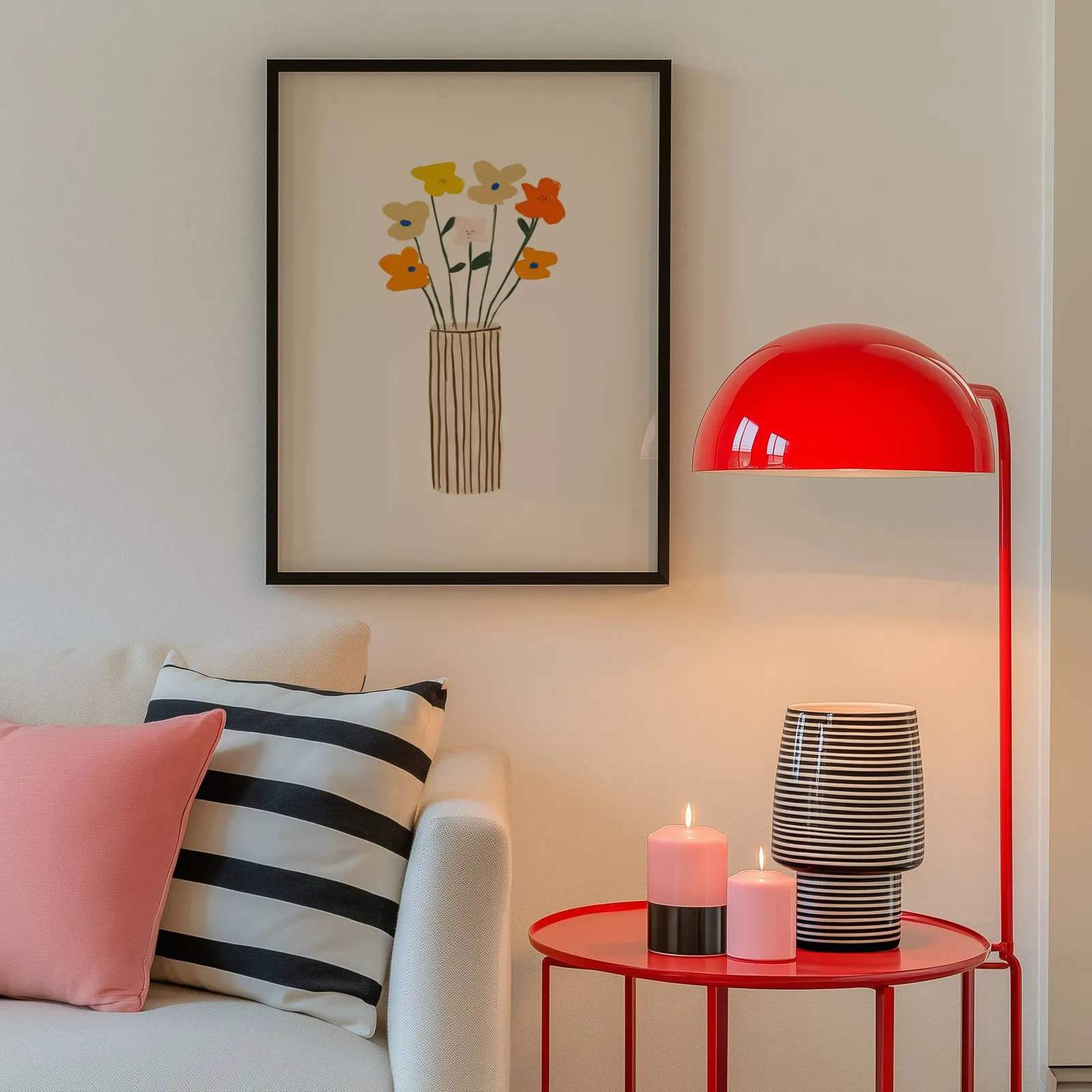 colorful floral wall art with striped vase, above a cream sofa beside a glossy red dome lamp